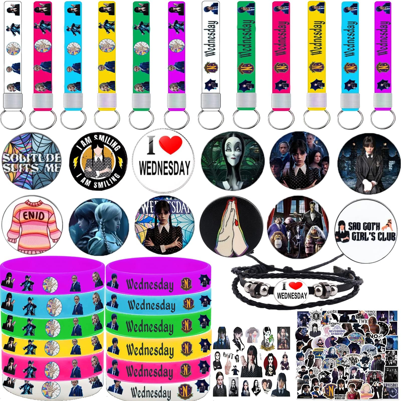 Wednesday Addams Party Supplies, 108 Pack Wednesday Merchandise Party Favors - 12 Bracelets, 1 Bracelet๏ผ12 Keychains, 12 Button Pins, 1 Tattoo Sticker Set of 70 Stickers for Fans