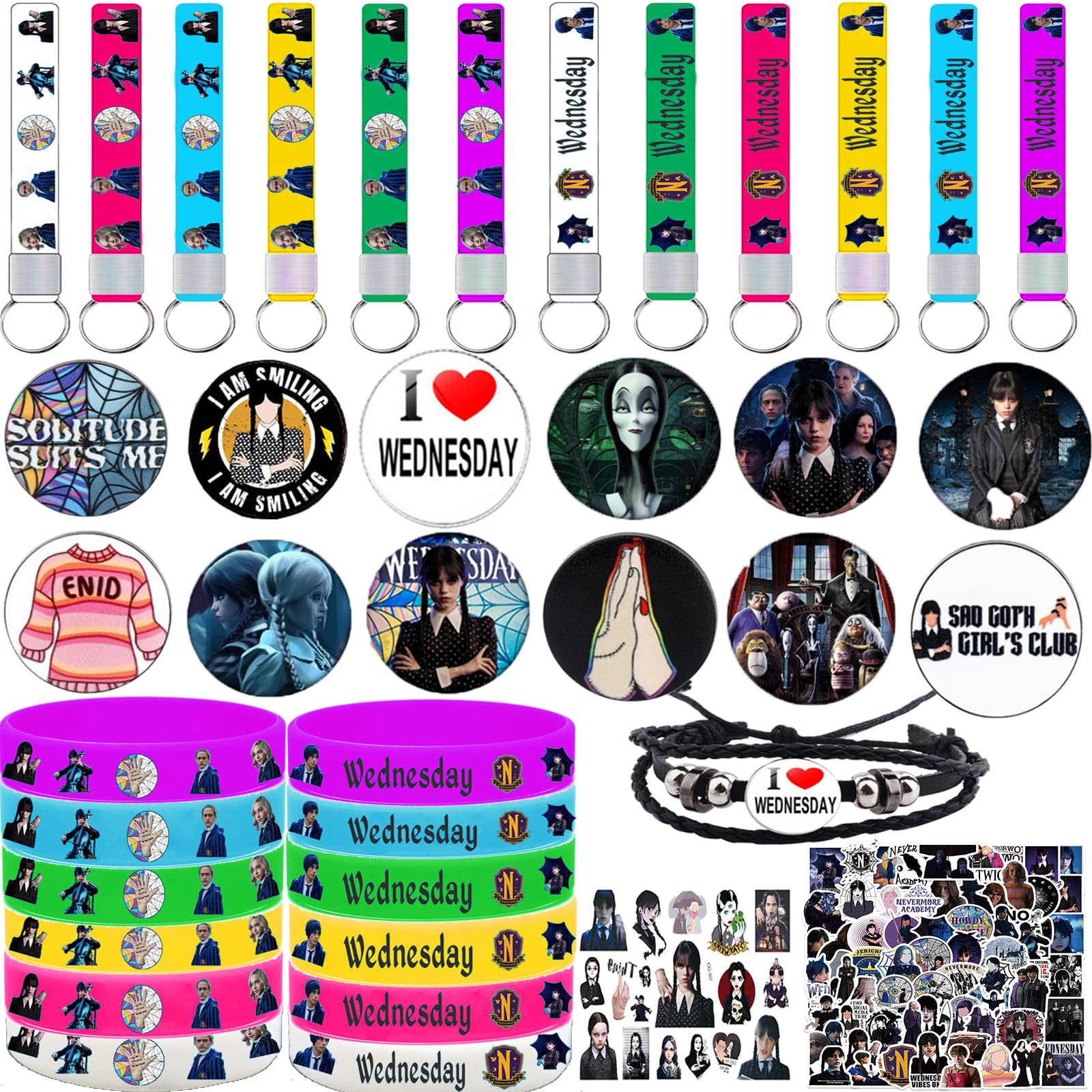 Wednesday Addams Party Supplies, 108 Pack Wednesday Merchandise Party Favors - 12 Bracelets, 1 Bracelet，12 Keychains, 12 Button Pins, 1 Tattoo Sticker Set of 70 Stickers for Fans