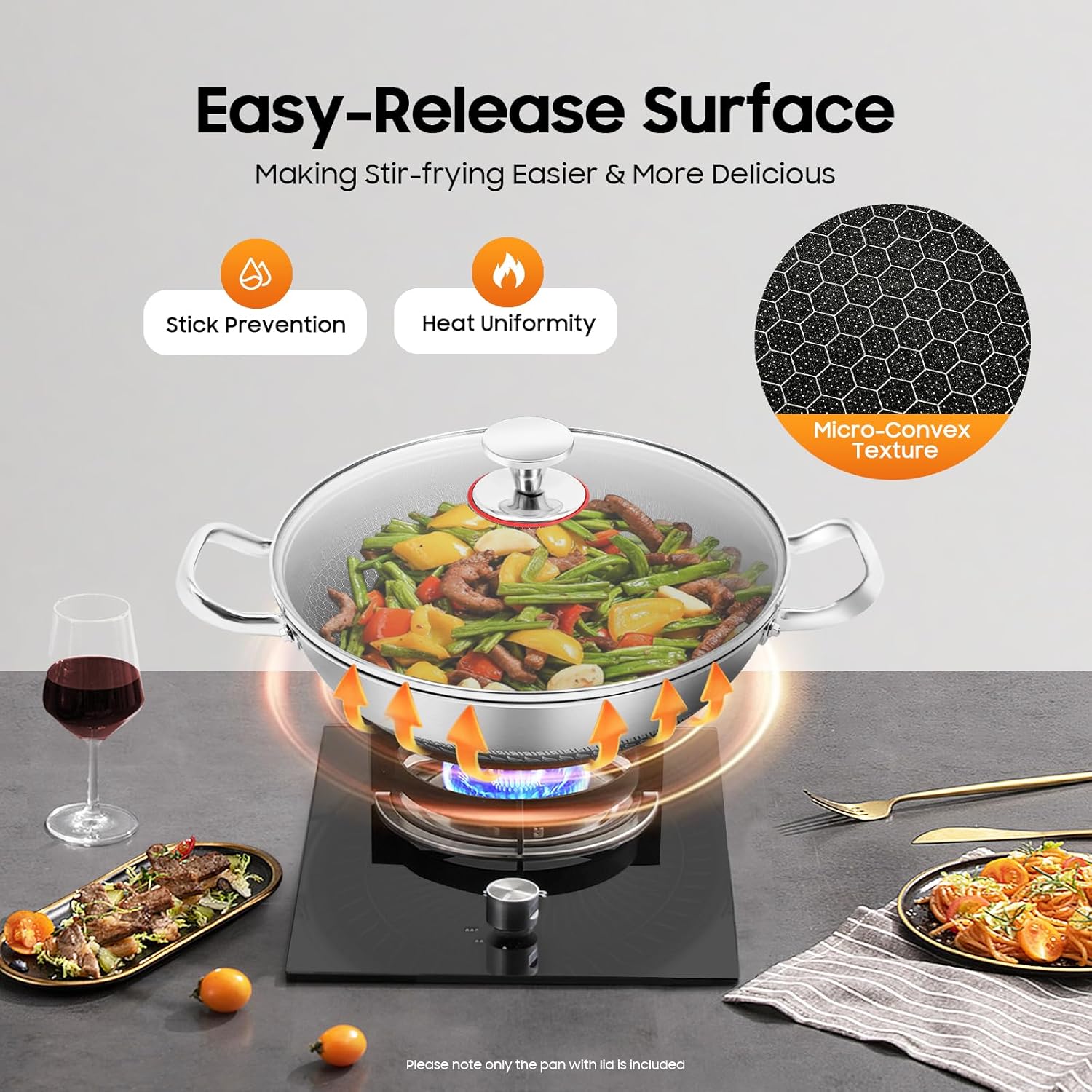 Stainless Steel Pan with Lid, 12 Inch Large Deep Frying Skillet, Induction Compatible & Oven Safe Cooking Pan, Fast Even Heating Dishwasher Safe Non Warping for Sauteing Searing Braising