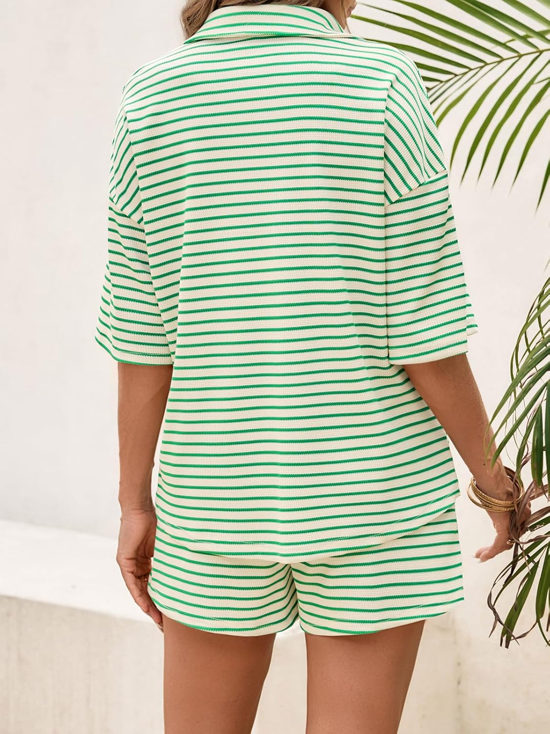 Tankaneo Womens Striped 2 Piece Sets Short Sleeve Button Down Shirt and Shorts Waffle Knit Pajama Lounge Set Summer Outfits - Image 3