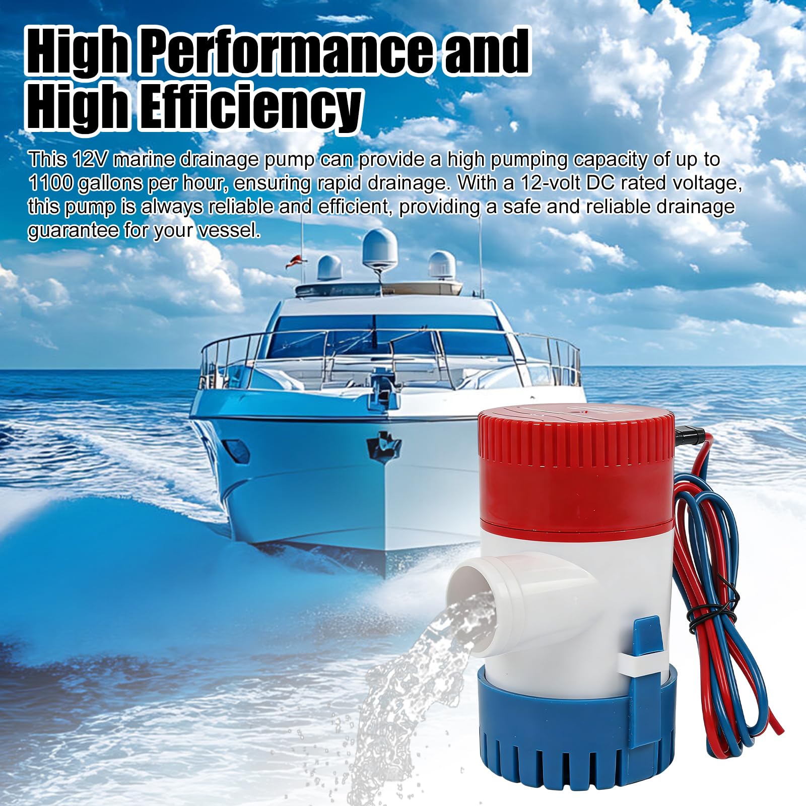 Pompa di sentina, 12 V, 1100 GPH, pompa sommersa non automatica, con tubo φ29 mm, tubo grigio da 2 m, 2 fascette stringitubo per yacht, barche marine, roulotte, giardino all'aperto