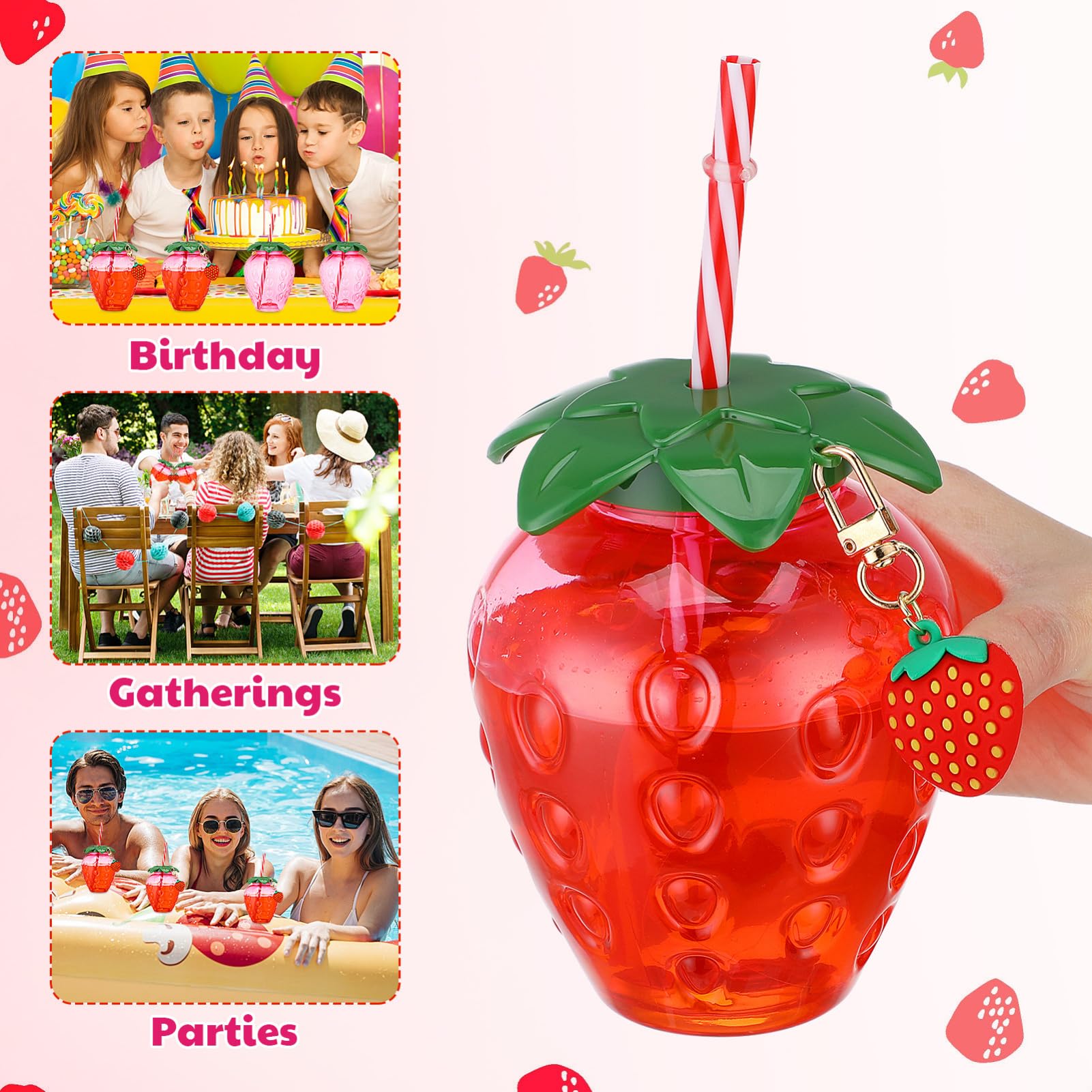 SEWACC 4 bicchieri a forma di fragola con coperchi e cannucce