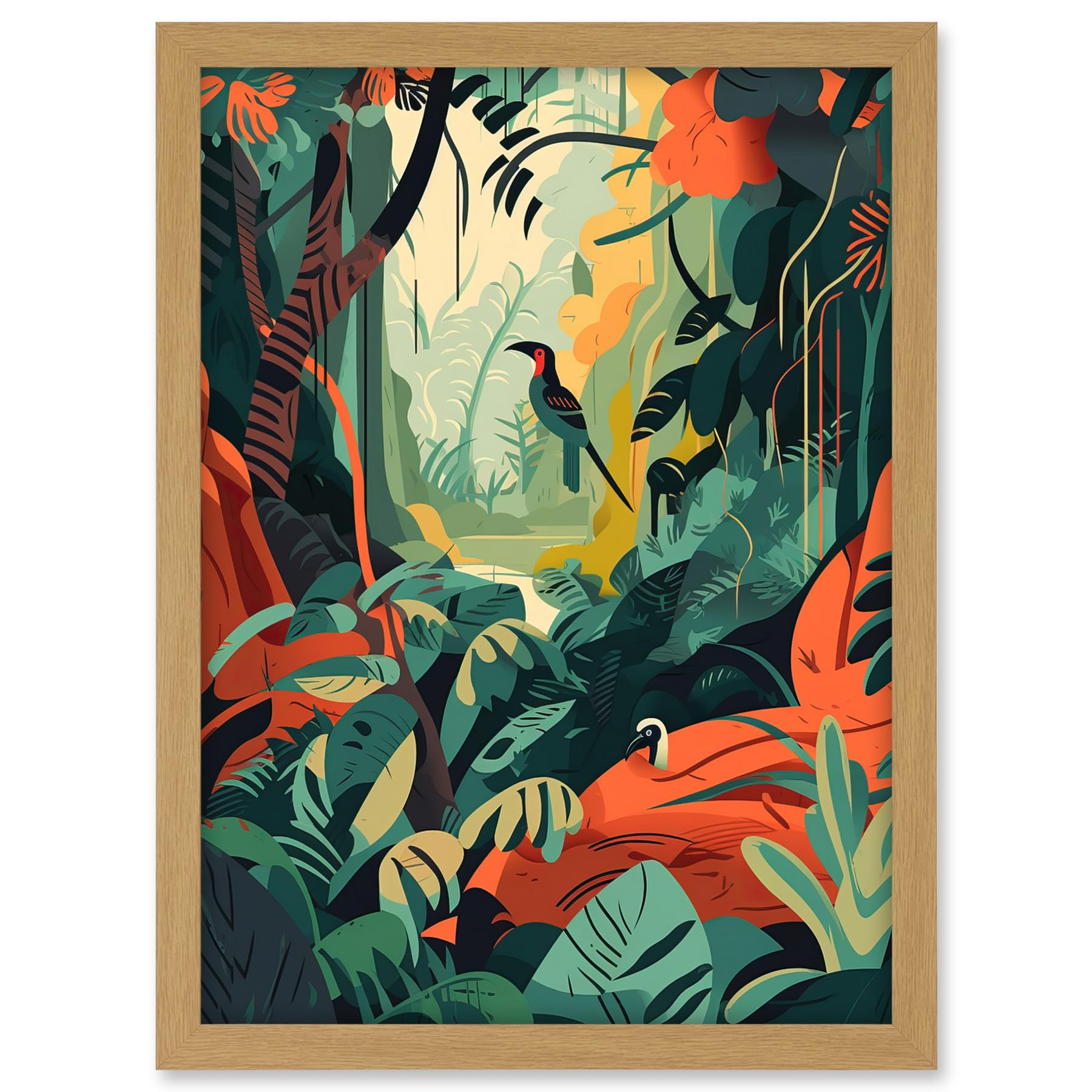 Artery8 Amazon Rainforest Diverse Flora and Tropical Birds Artwork Framed A3 Wall Art Print