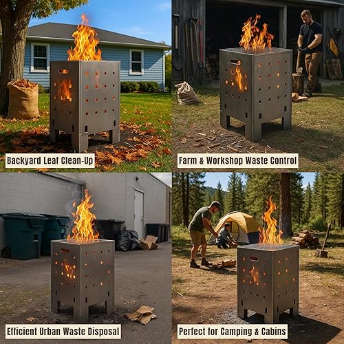 Miniatura 5 de Barril de quemado para basura al aire libre  Fogata de acero Corten resistente con tapa y base  Incinerador para escombros de patio, papel, madera y