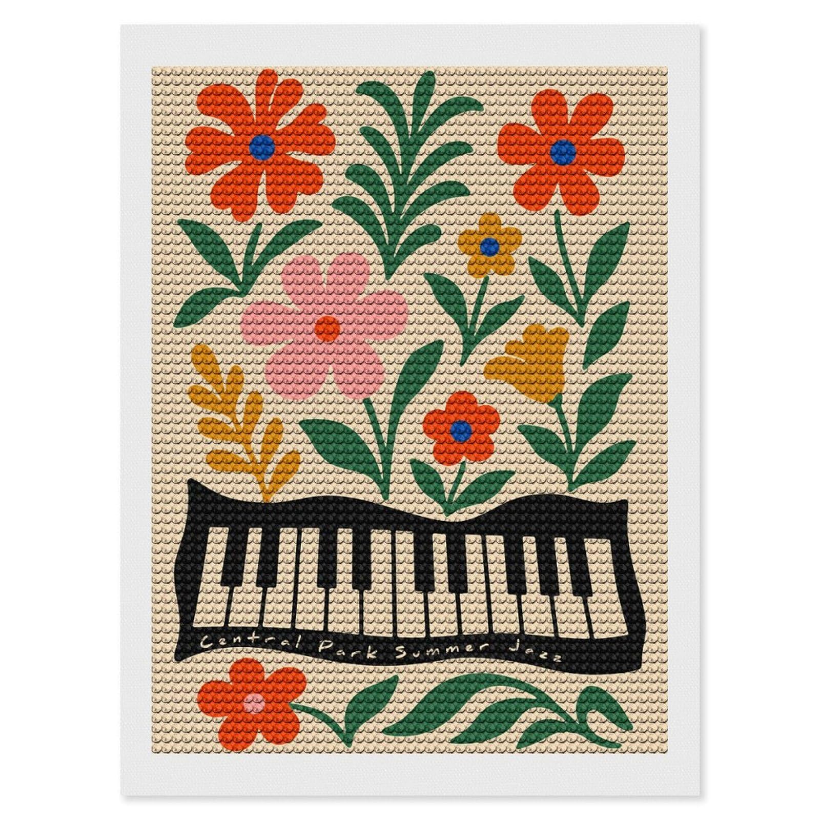 Junmoney Central Park Summer Jazz Floral Piano Diamond Painting Canvas Set 12"x16", Mindful Craft Activity, Nice Detail and Sparkle, Farmhouse Decor, Birthday Gift