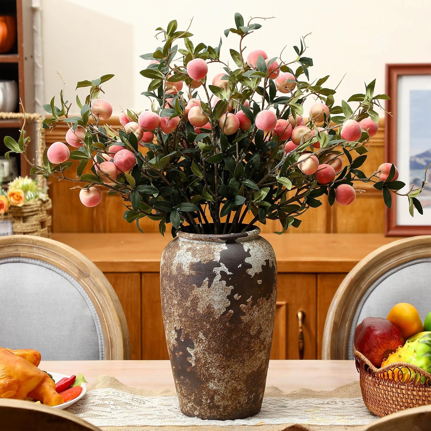 20 Pcs Artificial Peach Branches 27 Inch Realistic Artificial Peach Fruits with Green Leaves Simulation Branches Decoration for Vase Home Party Decoration