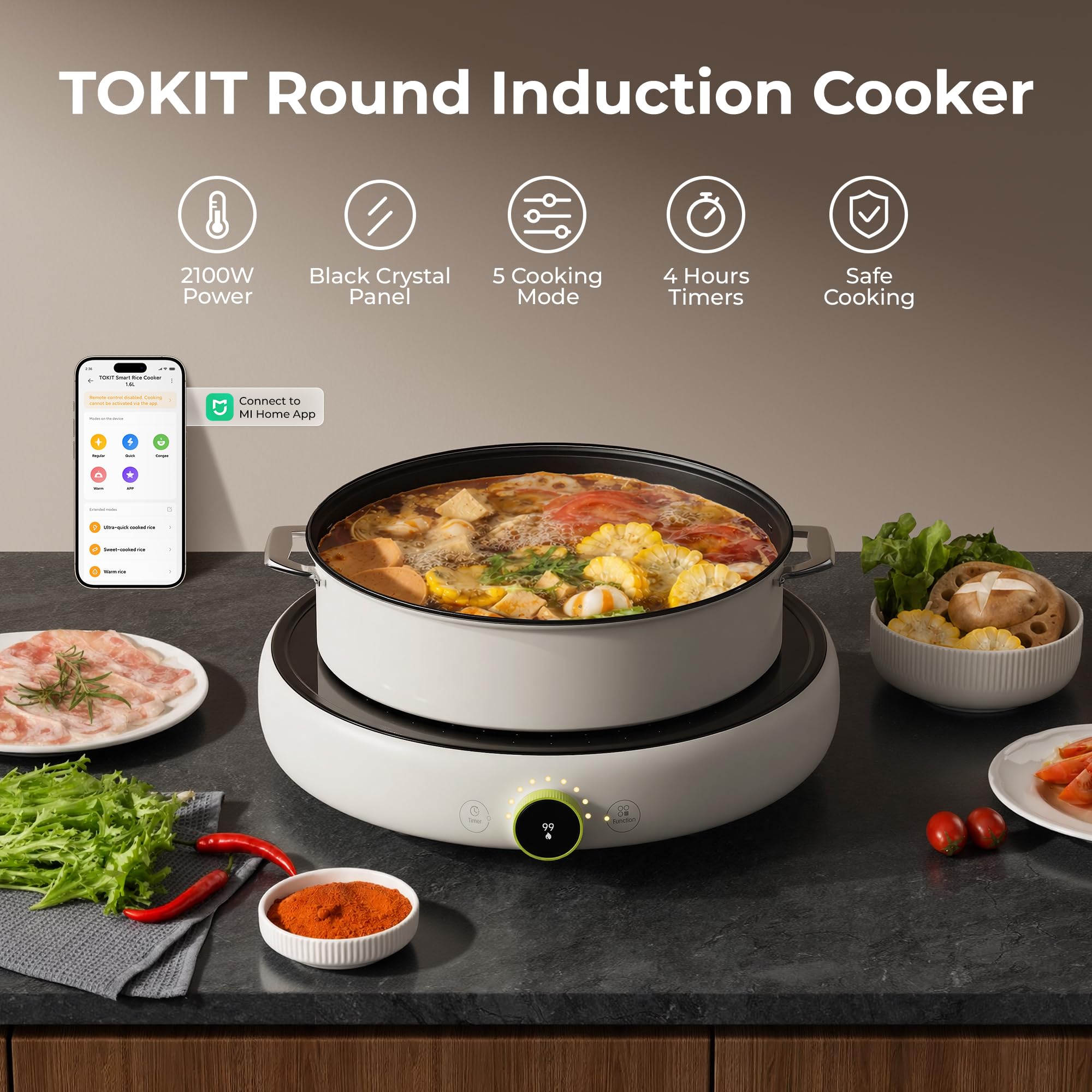TOKIT Induktionskochplatte 2100W Tragbar – Runde Induktions-Einzelkochplatte/Standalone Kochfeld 1 Zone, 99 Stufen Drehregler OLED, 4h Timer, Topferkennung, für Küche Büro Camping Wohnmobil