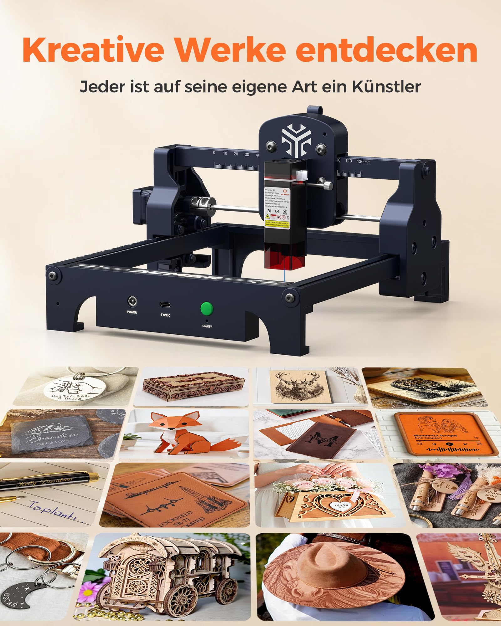 Acmer 6W Laser Graviermaschine,Leistungsstarke Laser Engraving Machine für Holz,130×130 Mm,10000mm/min, 0,01mm PräZision, Profi Laser Cutter für Produktion & Business,Kein Zusammenbau Erforderlich