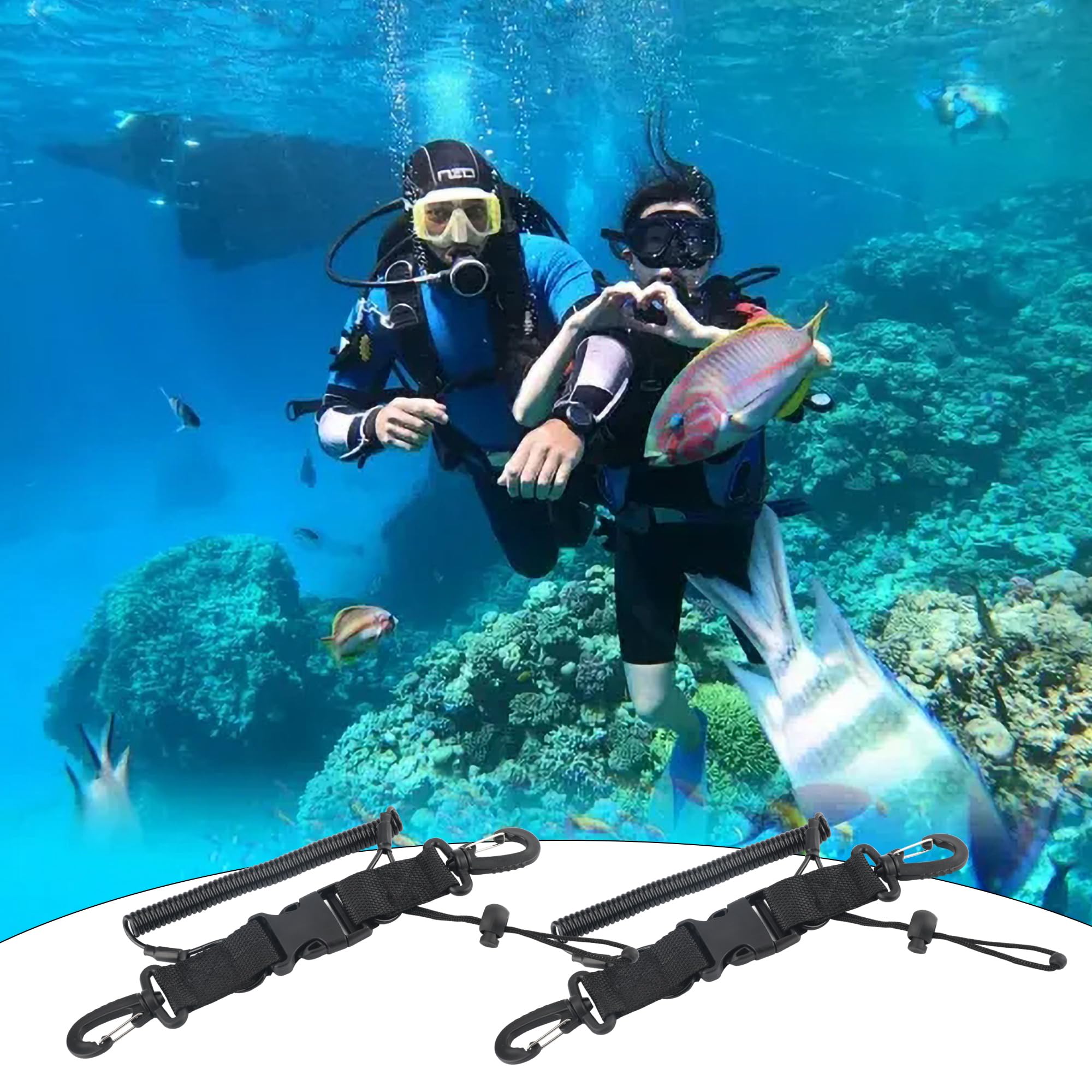 Lot de 2 cordons spiralés pour appareil photo de plongée - Accessoires de plongée avec mousqueton - Noir - Rétractables - Convient pour caméra sous-marine, Noir , 31x3cm