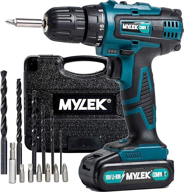 MYLEK 18V Cordless Drill Driver, 1300 mAh Li-Ion battery with 1 Hour Quick Charge, 2 Speed with LED Work Light, Carry Case with 13 Piece Accessory Kit, Variable Speed & Quick Stop Function.