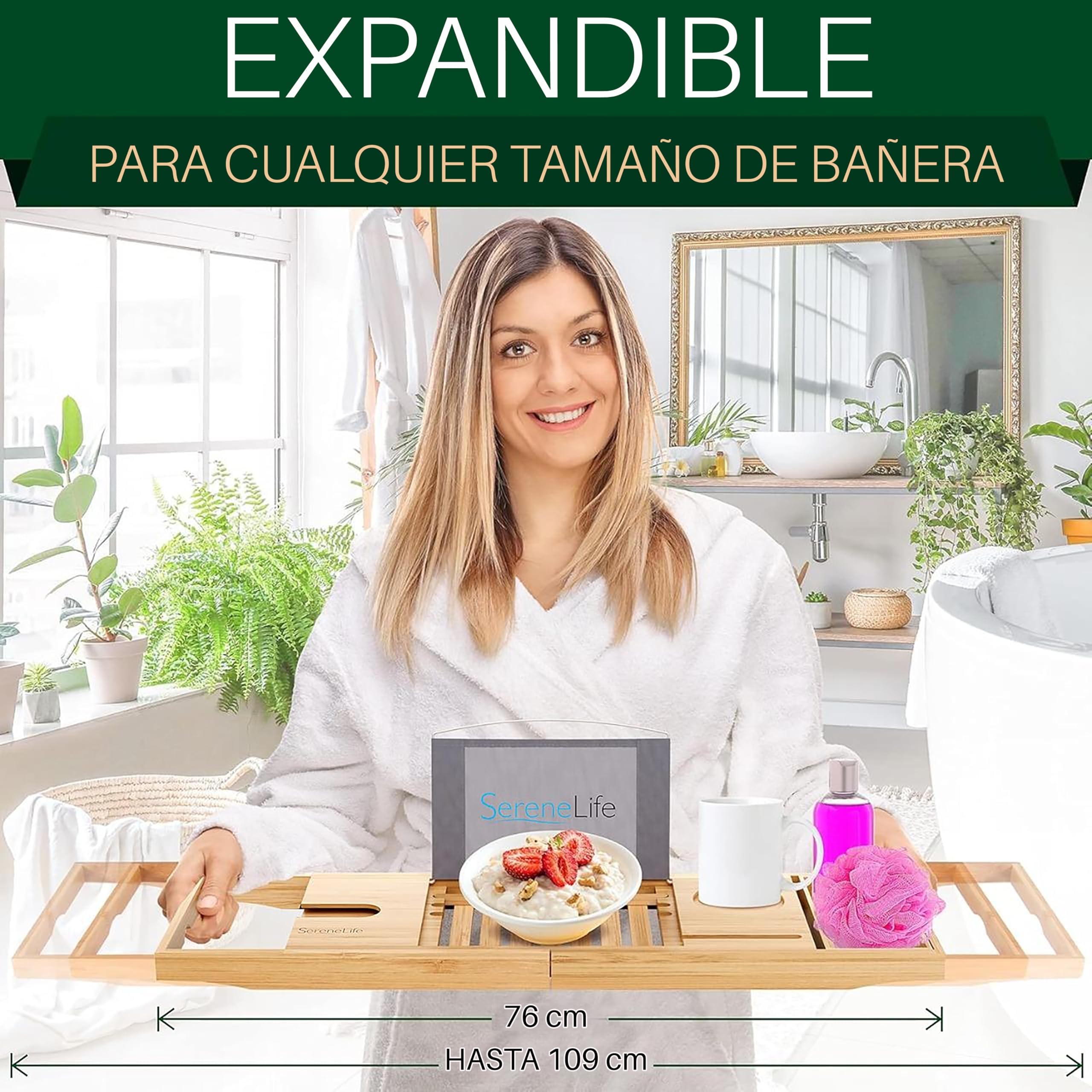 SereneLife Bandeja para bañera, Bambu, Extensible, Ajustable, Baño, Soporte para Copa de Vino, Libro, Movil, Tablet