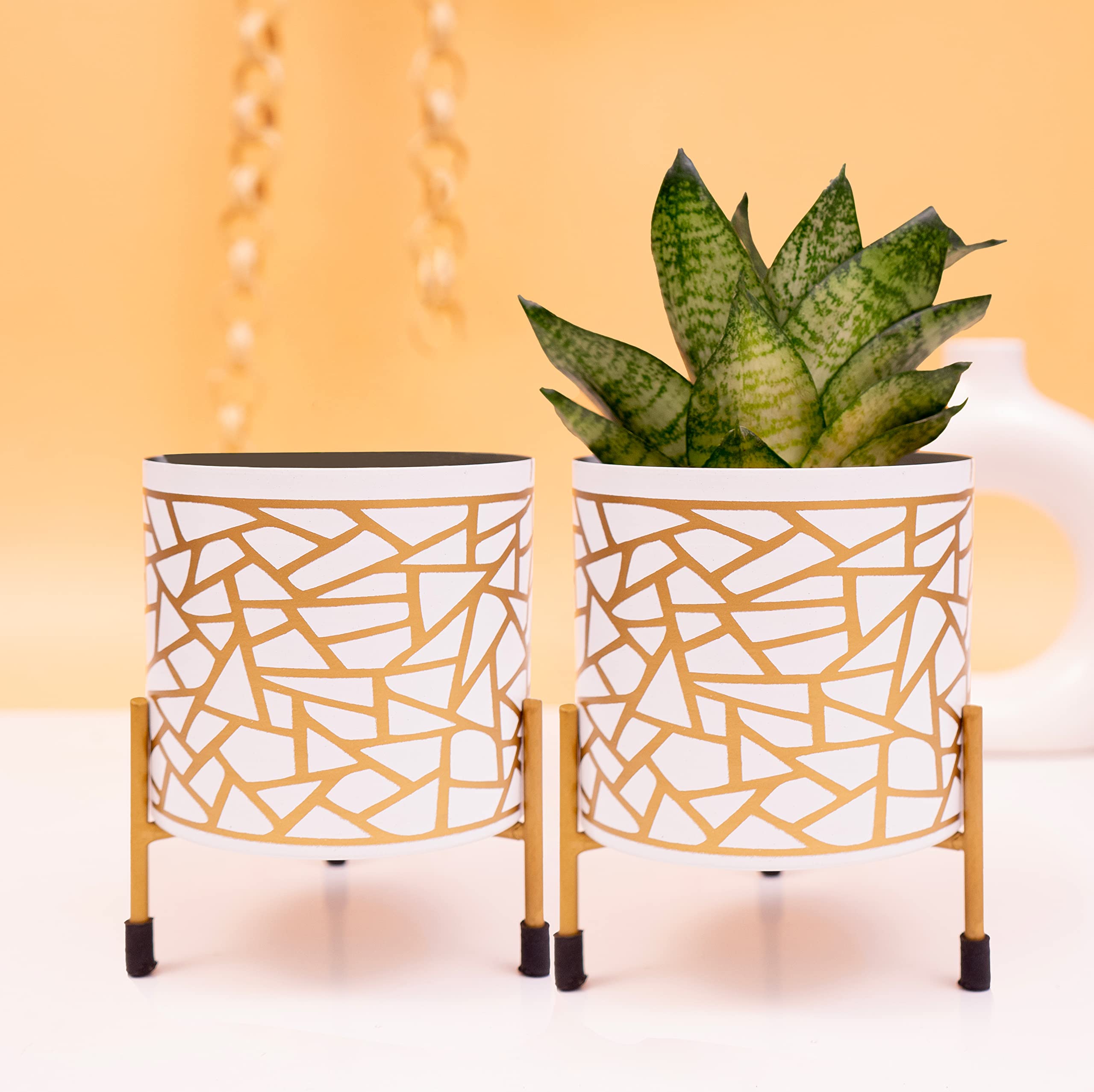 Elegant White & Gold Metal Pots with Stand (Pack of 2) -1