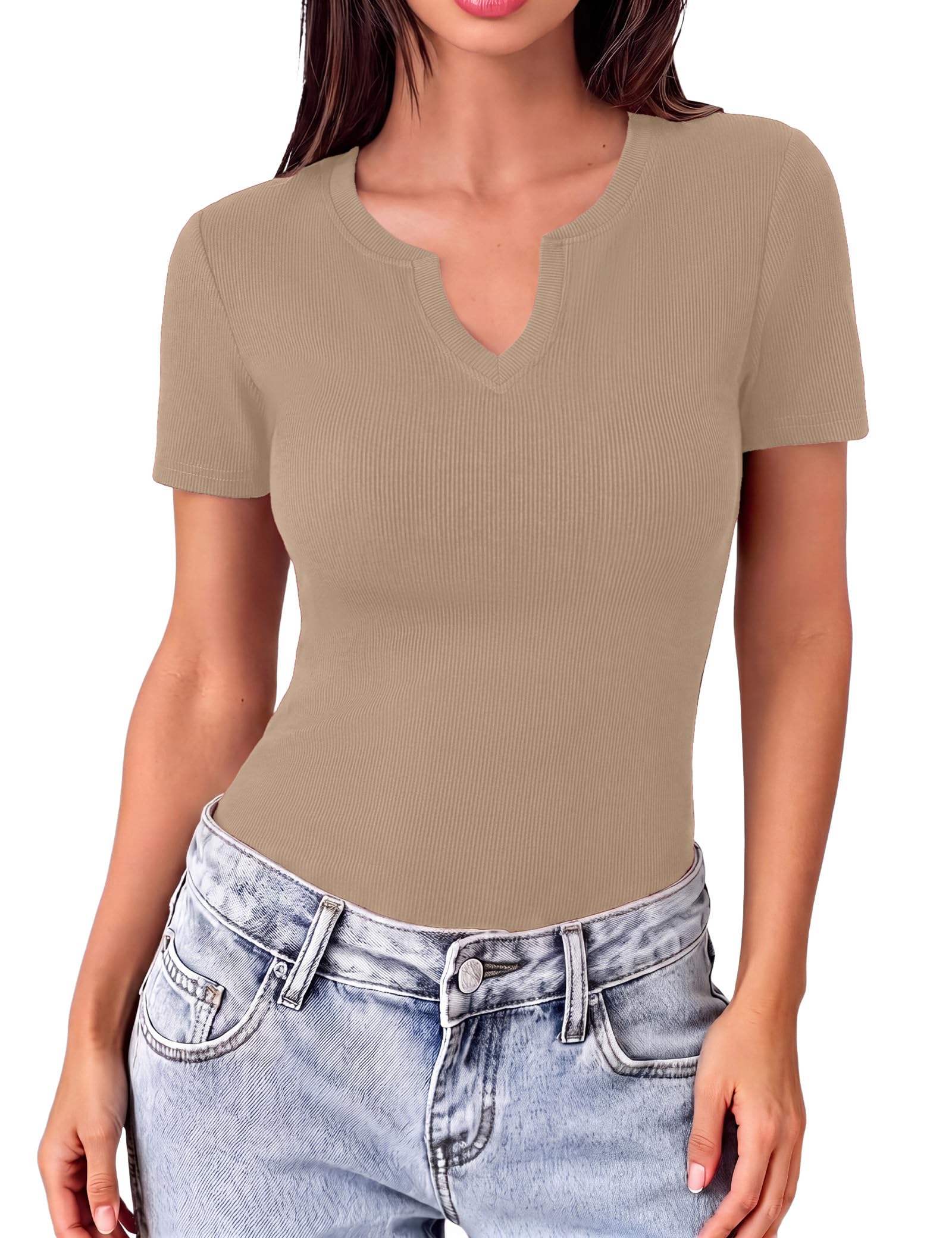 Gyabnw Damen T-Shirt V-Ausschnitt Elegant Gerippt Bluse Oberteil Kurzarm Basic Shirt Casual Sommer Top