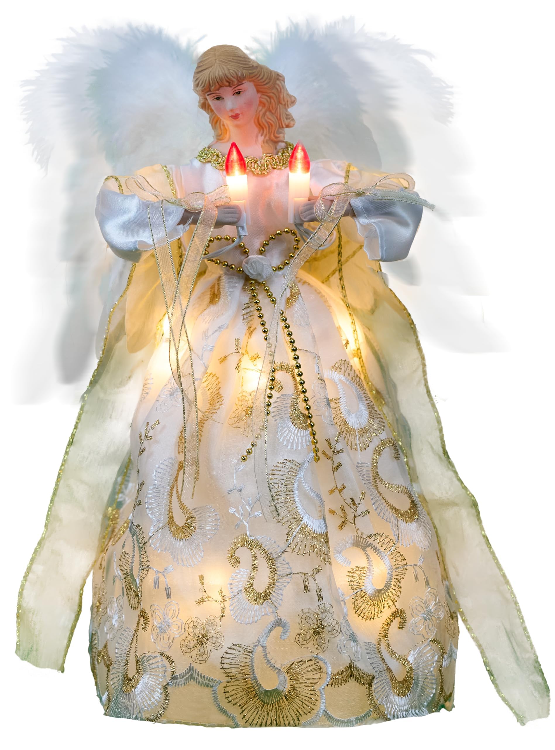 Decoración para árbol de ángel de Navidad con alas móviles, decoración navideña (marfil y dorado)