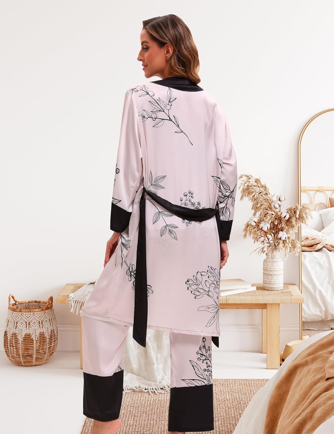 MORFORU Silk Pajamas for Women 3 Piece Satin Pajama Set with Robe Cami Top Pajama Pants Silk Pjs Sleepwear Lounge Set - Image 5