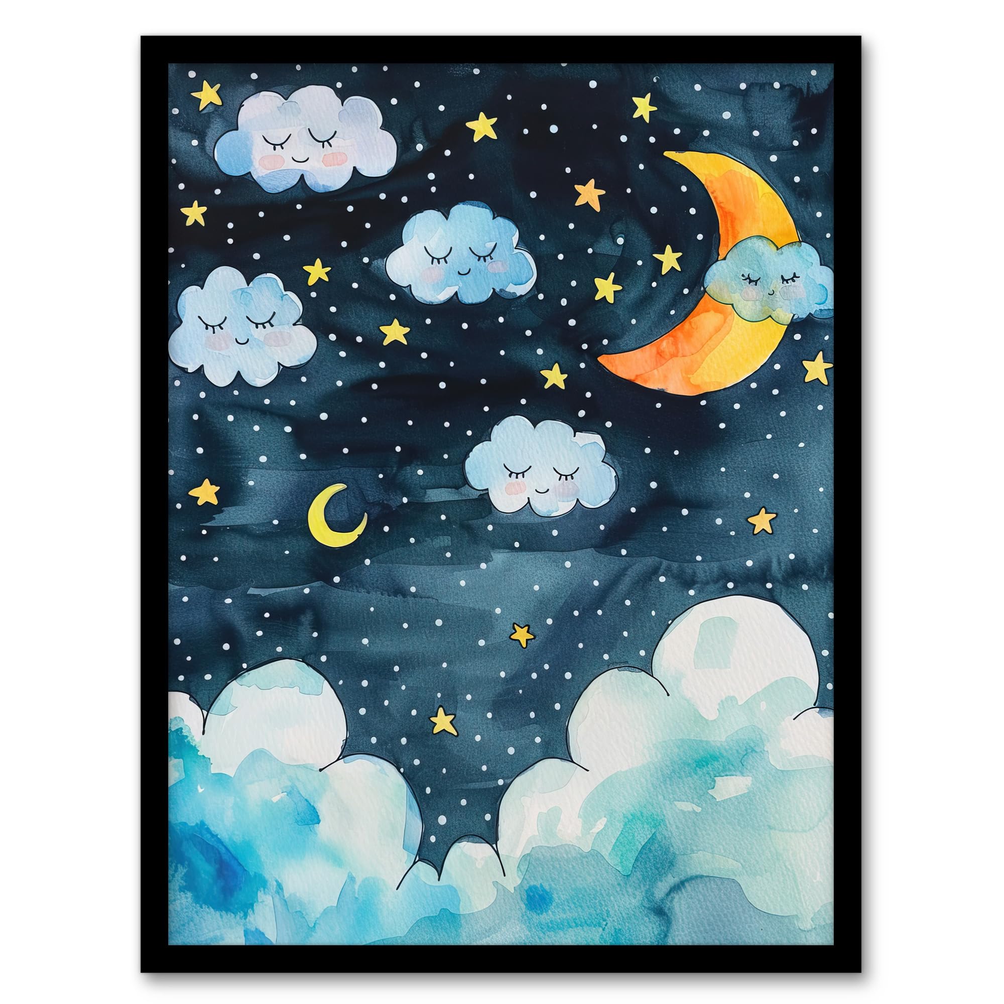 Artery8 Cute Night Sky Stars Moon and Sleeping Clouds Kids Bedroom Nursery Artwork Framed Wall Art Print A4