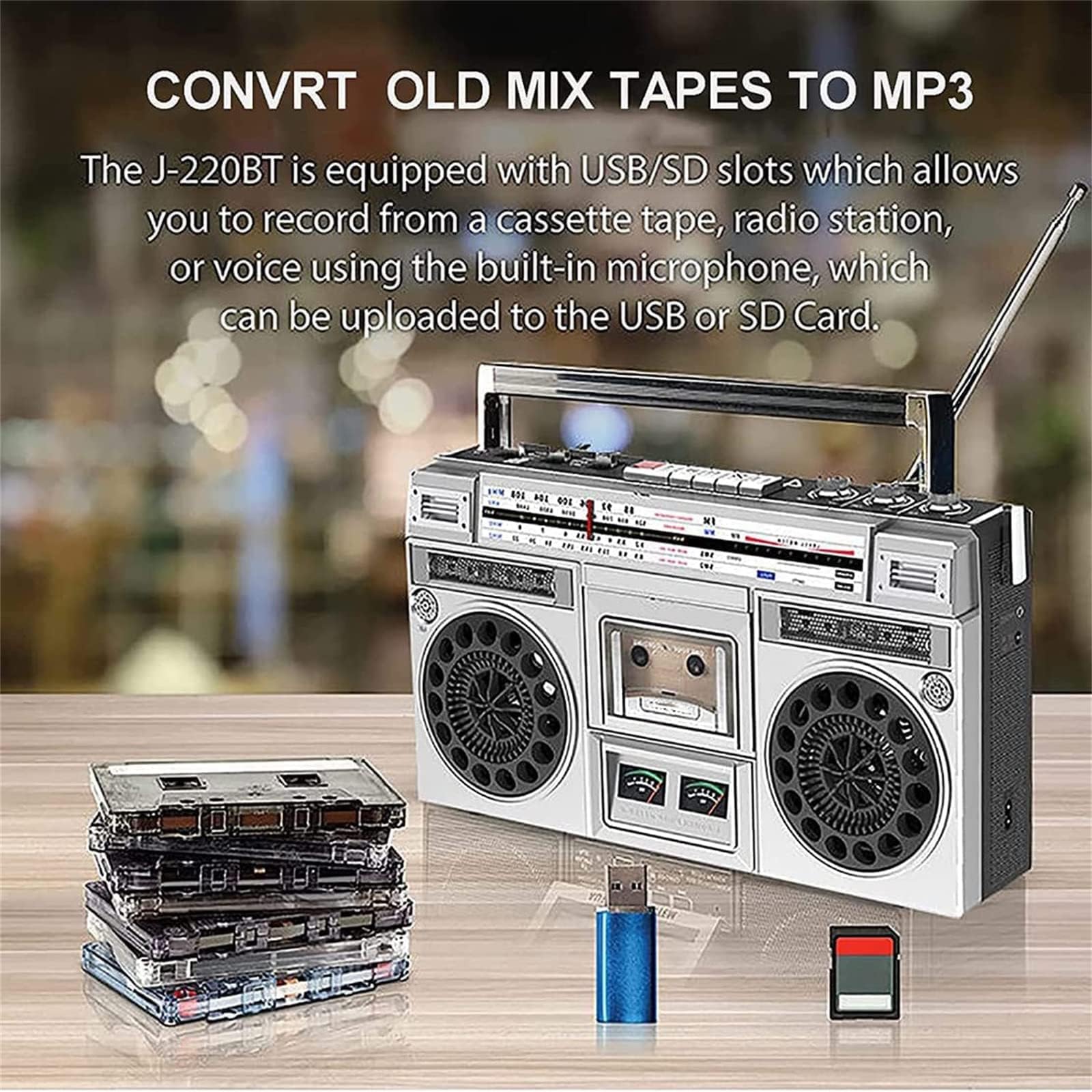 Klasyczny odtwarzacz kasetowy z motywem retro w stylu lat 80., retro odtwarzacz kasetowy Bluetooth z radiem FM i Dab+, nagrywanie USB, radio kasetowe, magnetofon do spotkań rodzinnych, podróży