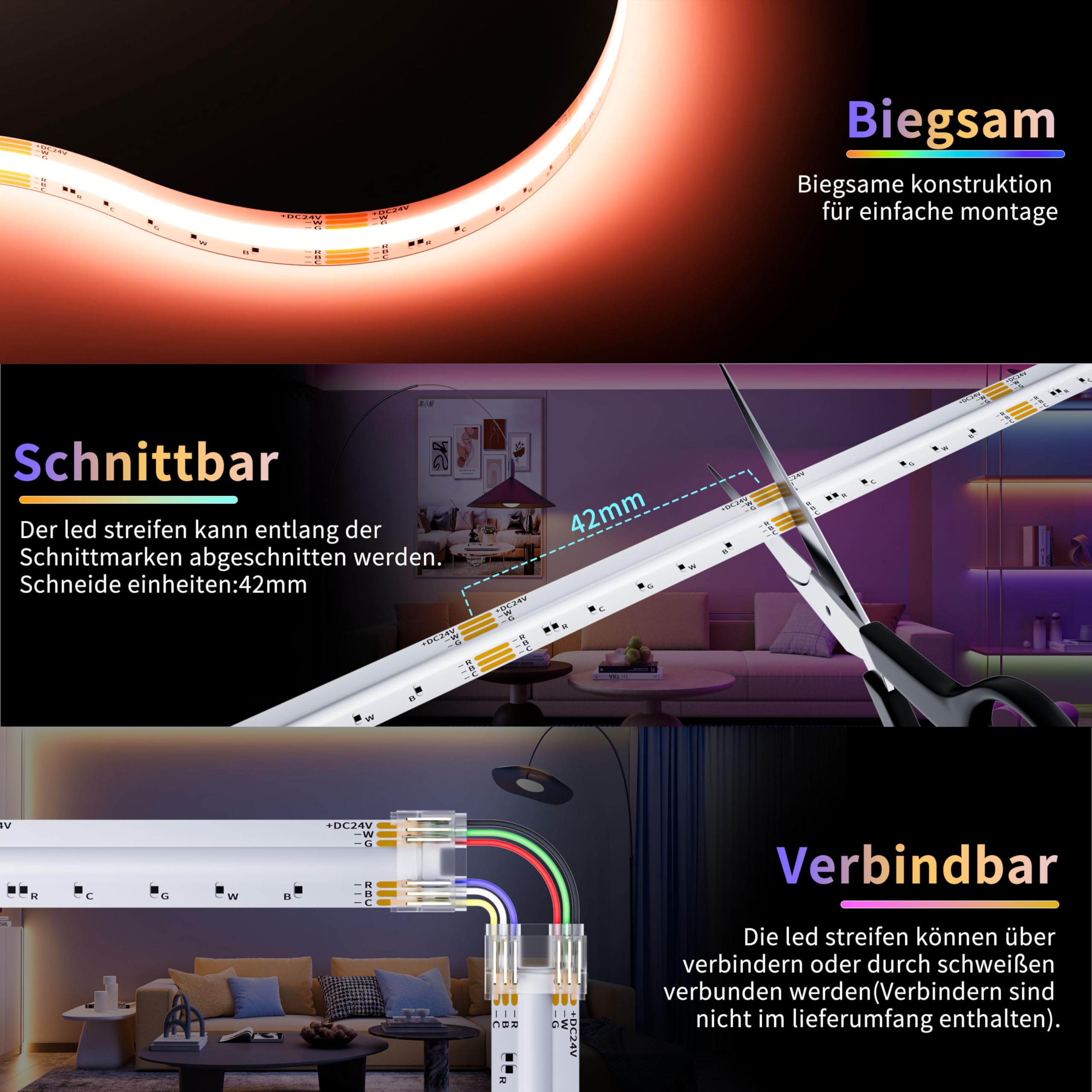PAUTIX COB LED Streifen RGBCCT 10M,Dimmbar RGB+WW/CW 2700K-6500K Farbwechselnde Smart LED Strip Lights mit APP Control und RF Fernbedienung,24V LED Band mit Timer,Musik Modus für DIY Beleuchtung