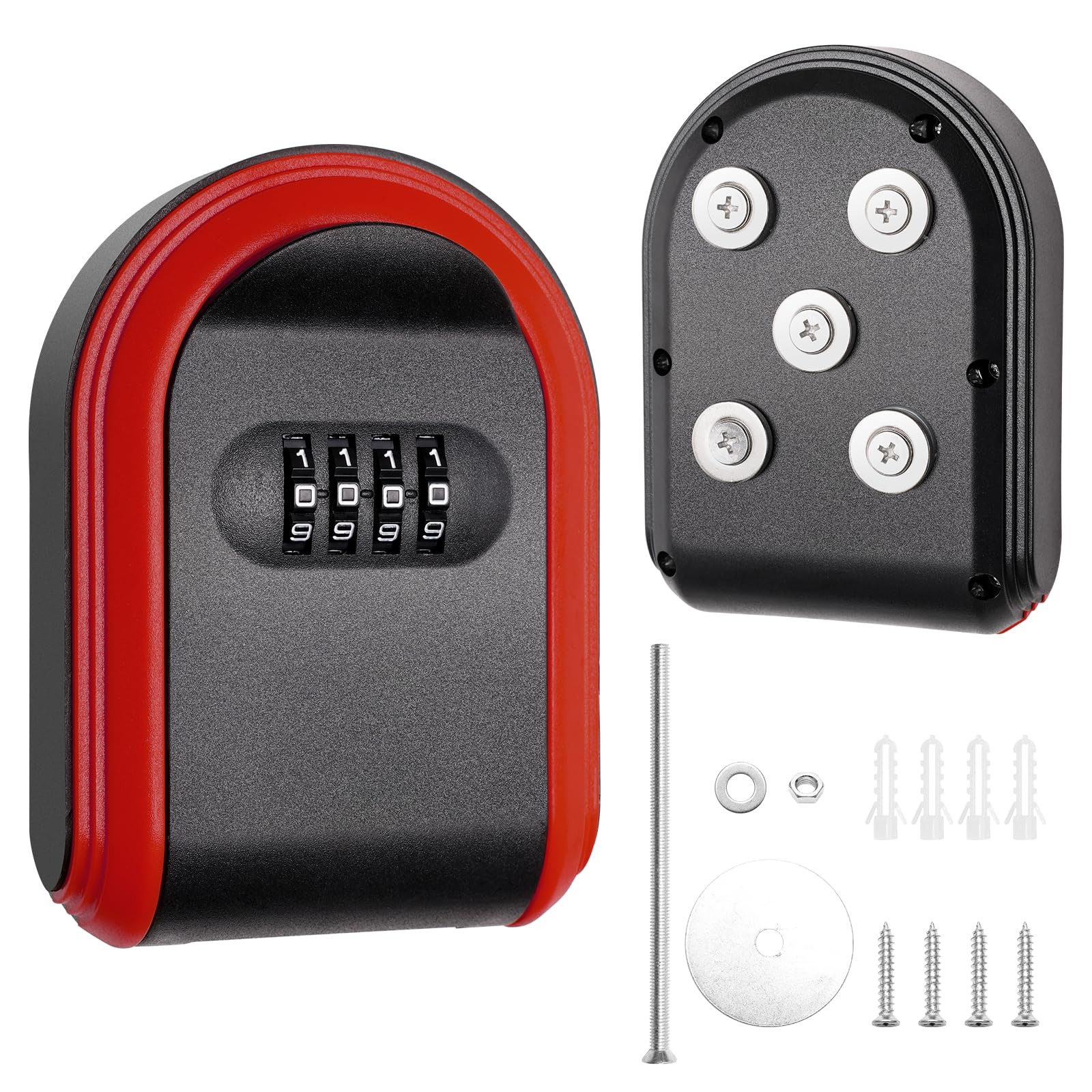 Coldairsoap Red+Black Magnetic Key Holder with Lock, Secure 4-Digit Combination, Attaches to Metal Surfaces, Holds Keys, Cards, Cash, Weatherproof ABS Material