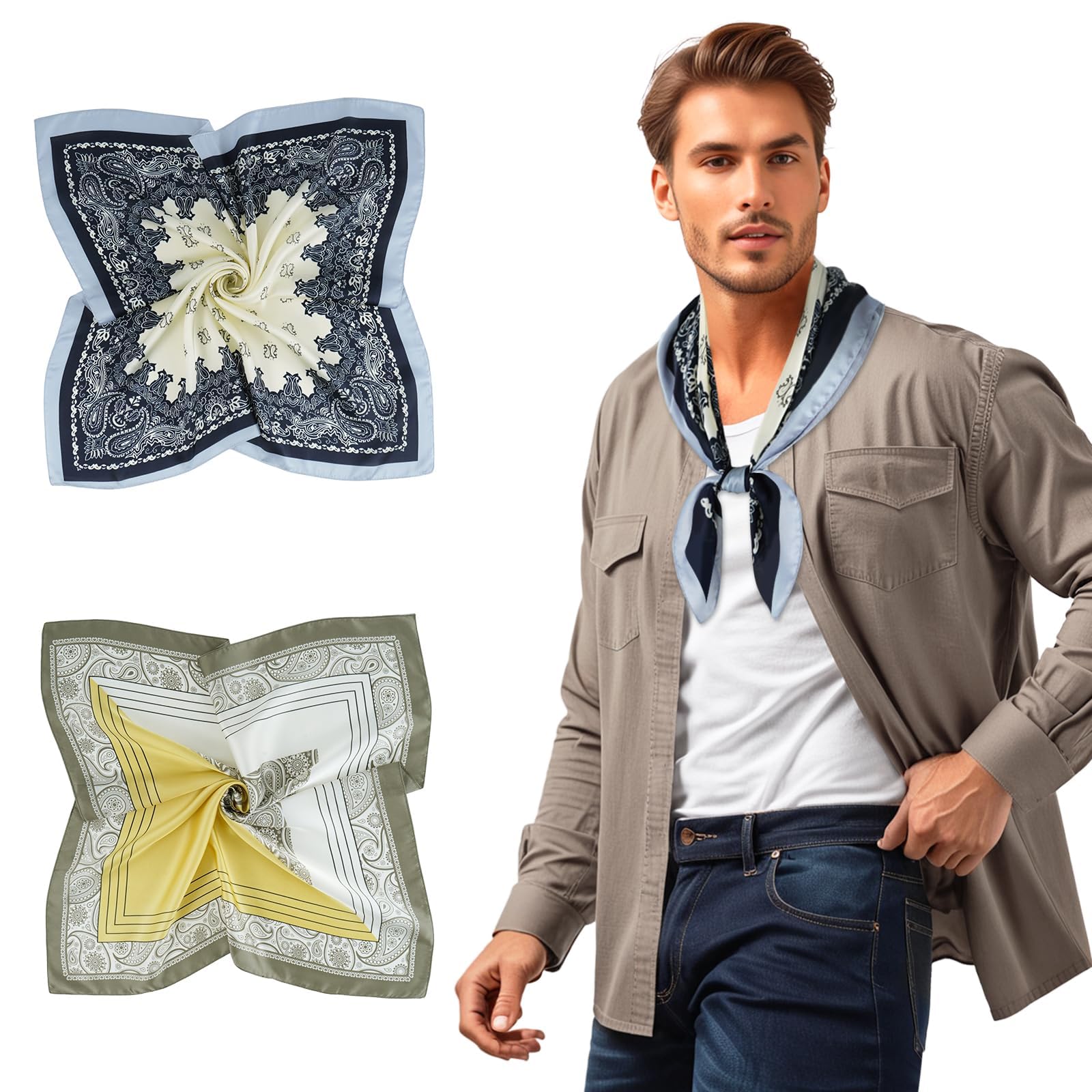 GERINLY Mens Silk Feel Scarf 2 Pack, 27 Inch Neckerchief Ascot, Novelty Head Bandana Wrap