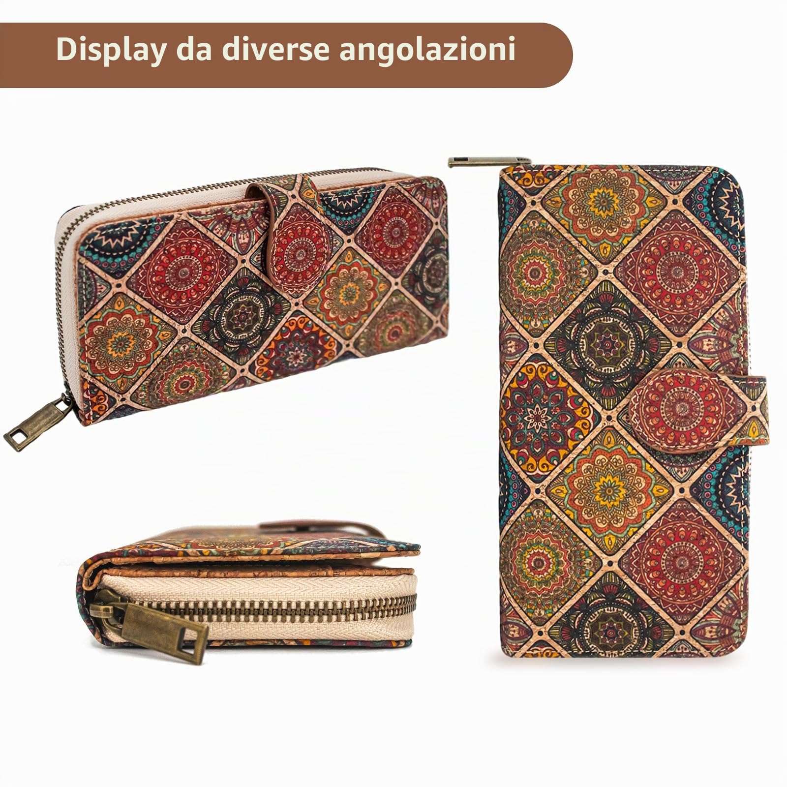 boshiho Portafoglio da donna in sughero, vegano, grande portafoglio da donna in sughero, con chiusura lampo, protezione RFID, regalo vegano, Cork-b, L, Classico
