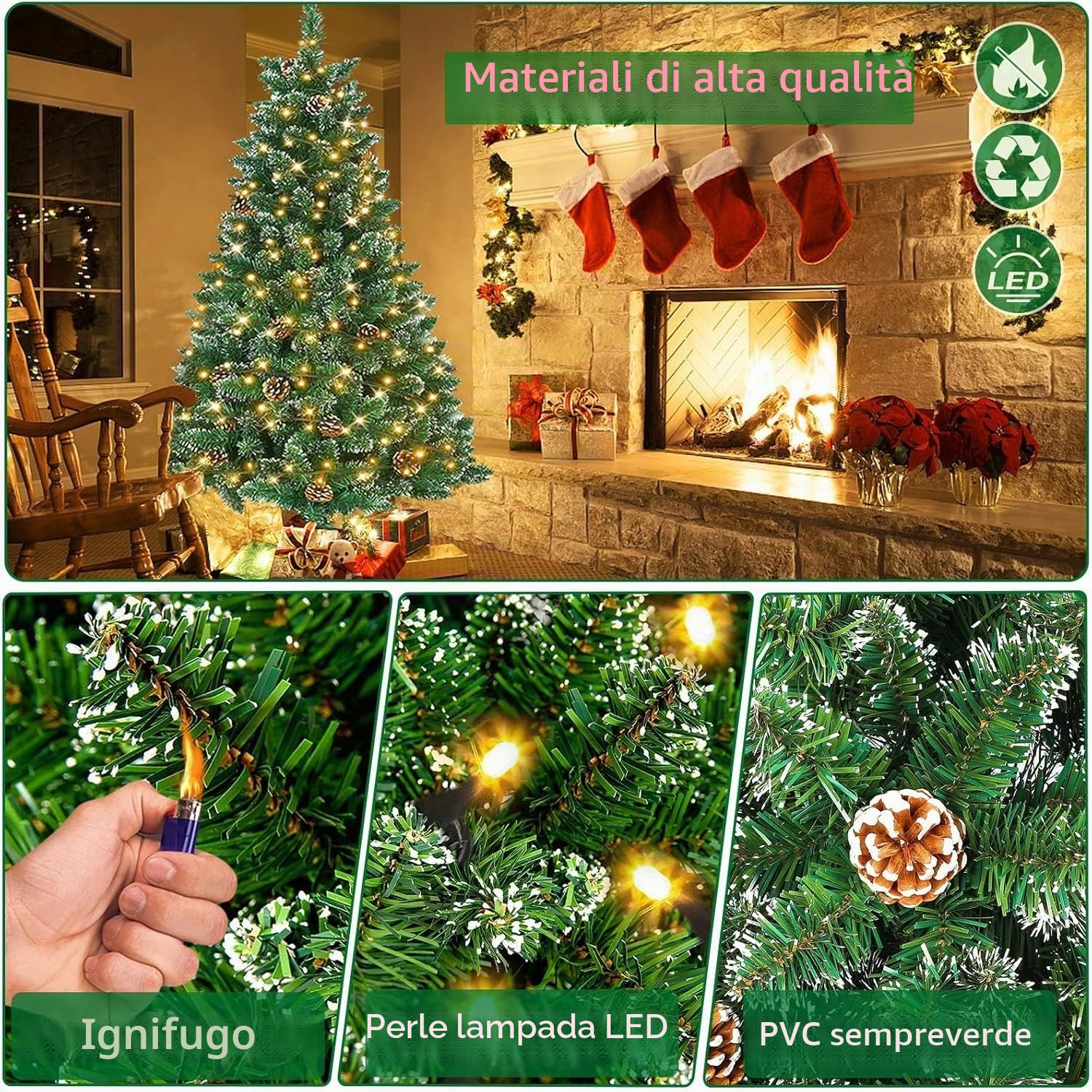HENGMEI Albero di Natale Artificiale con Luci 120 cm Effetto Neve LED Abete con Supporto Decorazione Natalizia (120 cm 120 Luci)