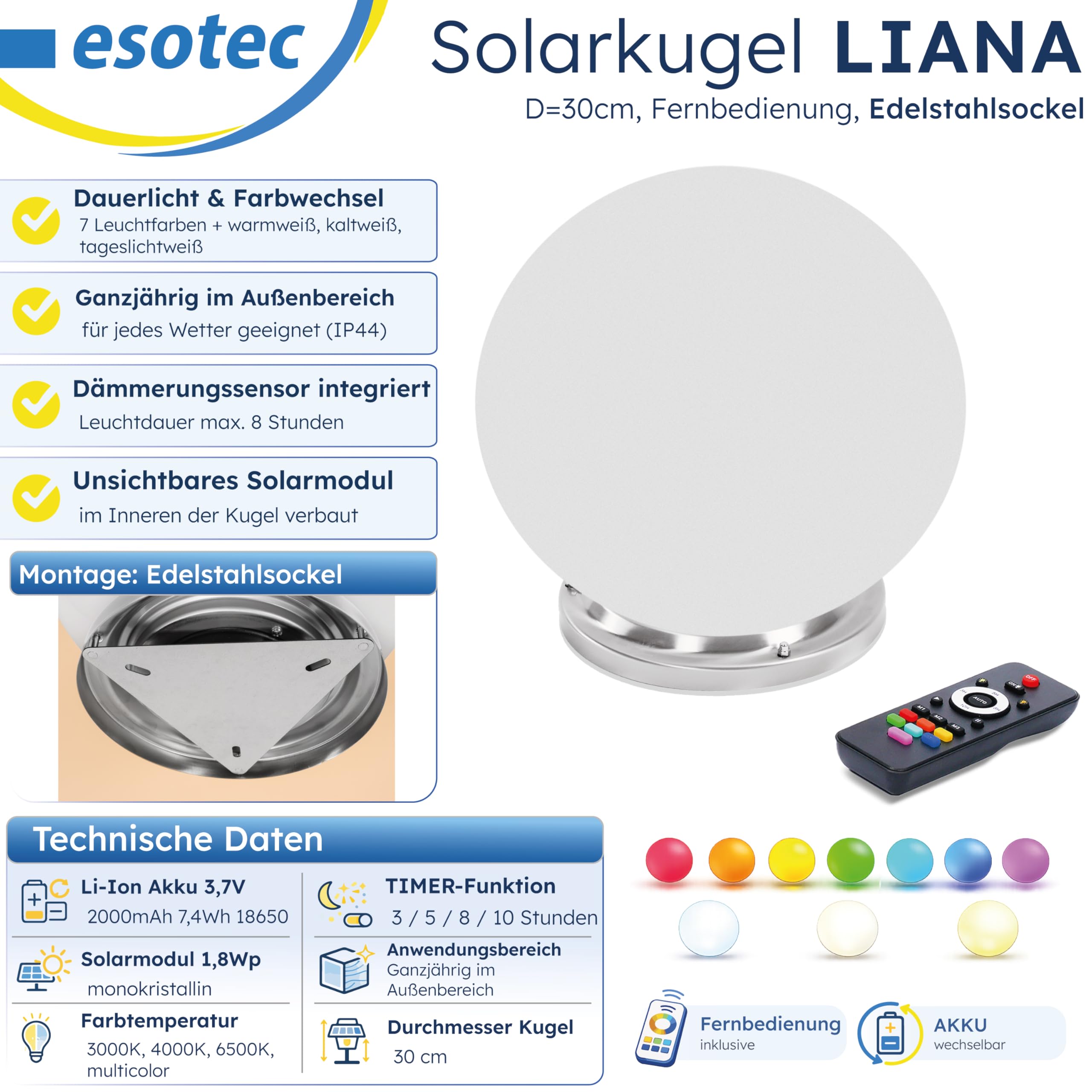 Esotec Solar Leuchtkugel Solarkugel Garten Liana 30 Edelstahlsockel 102659