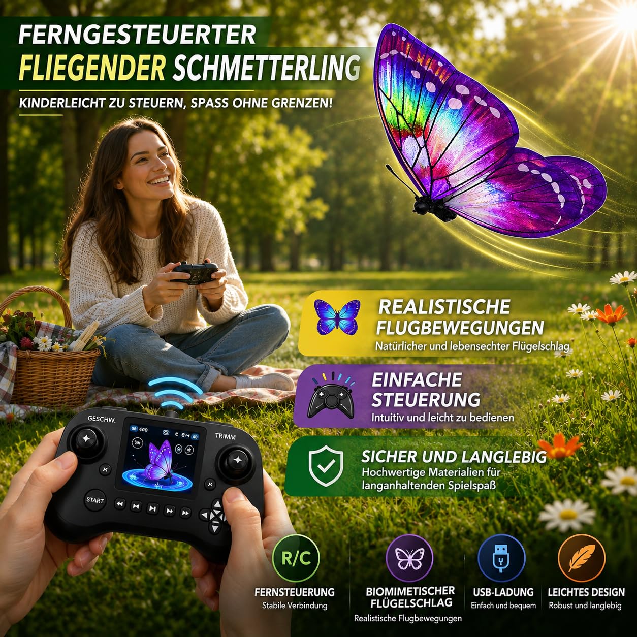 RC Bionic Butterfly Ornithopter Drohne mit Sensorunterstützung LED Beleuchtung batteriebetrieben Bunte Schmetterlingsflügel lustiges Flugspielzeug für drinnen und draußen Geschenk(Purple)