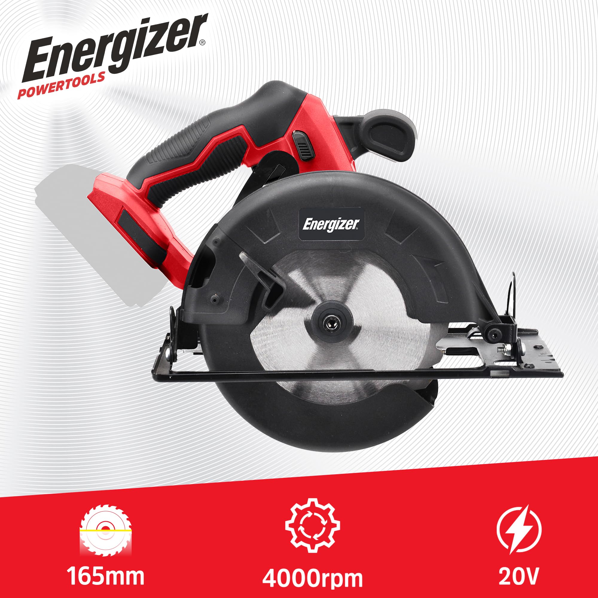 Energizer - Sierra circular a batería de 20 V (pilas incluidas) - 4000 rpm - Hoja de 165 mm/Corte hasta 45 mm (33 mm a 45°) - Guía de desplazamiento + llave de cambio + hoja para madera incluida
