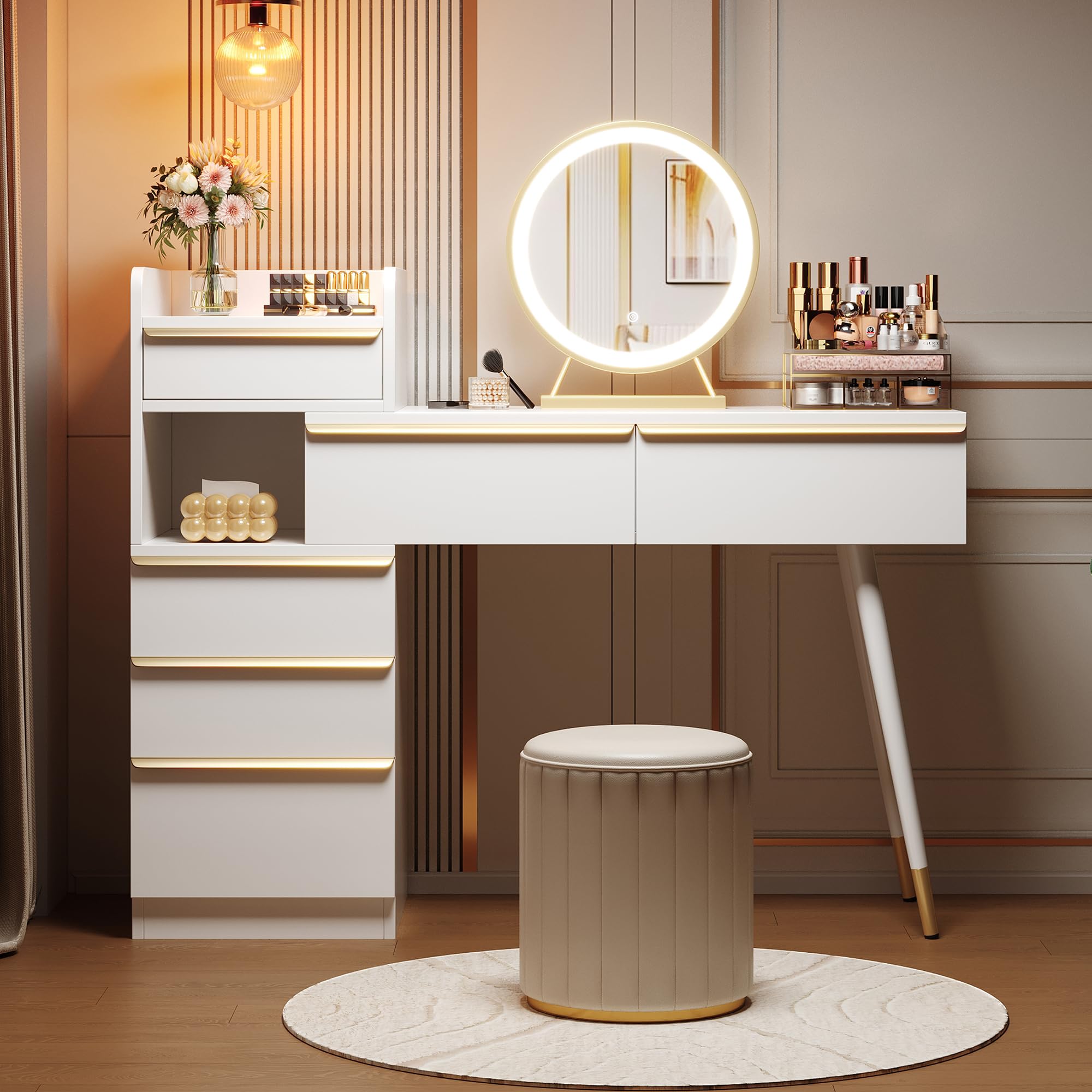 Schminktisch ausziehbar mit Beleuchtung, 6 Schubladen, LED Spiegel dimmbar | Ausziehbare Tischplatte für flexible Raumnutzung. Dimmbarer LED-Spiegel (Tageslicht/Warmweiß/Kaltweiß). Kippsicherung.