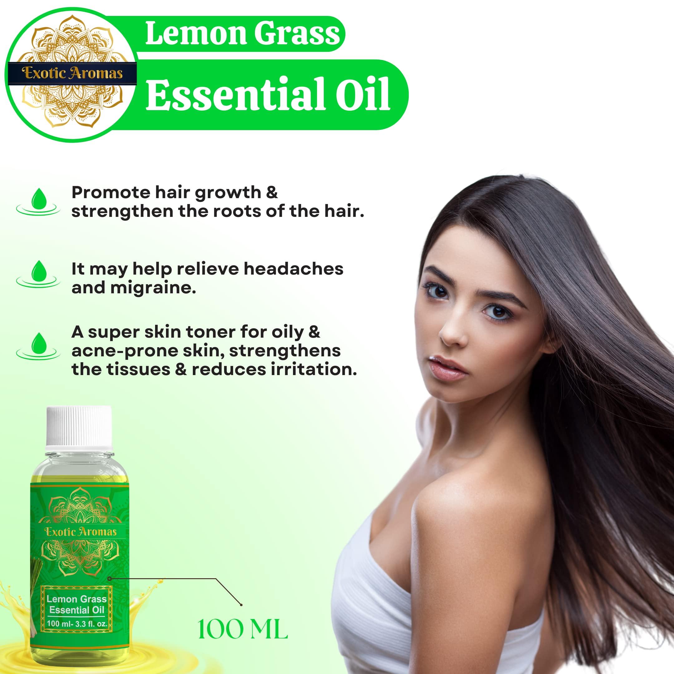 Exotic Aromas Lemongrass Essential Oil for Aroma Therapy, Stress Relief, Hair, Skin & Sleep, 100 M - Image 3 thumbnail
