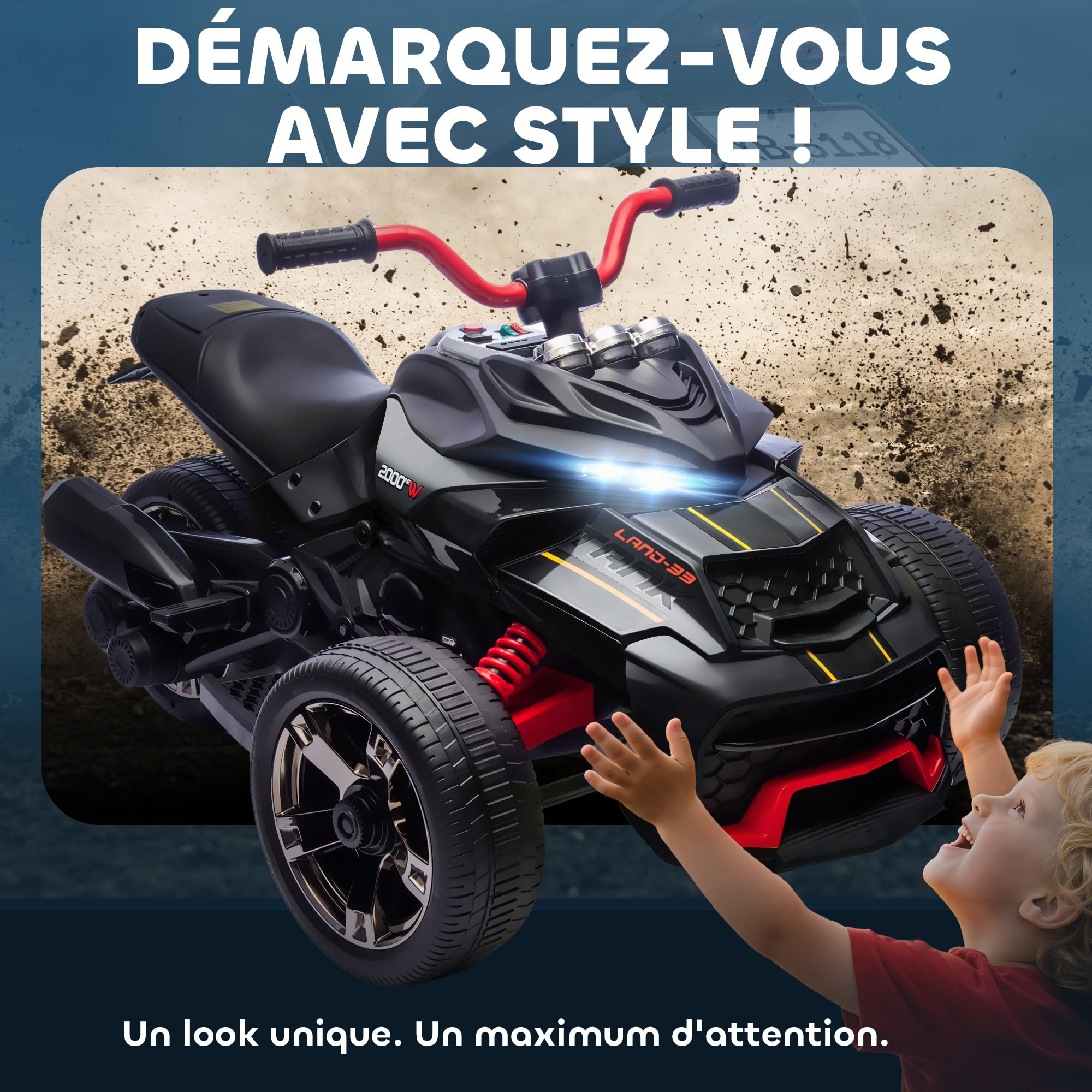 AIYAPLAY Quad électrique Enfants 12V, Design Tricycle inversé, Voiture électrique Enfants 2 Moteurs, Lecteur MP3, klaxon, 2 Vitesses, phares LED, Cadeau pour garçons et Filles âgés de 3 à 8 Ans, Noir