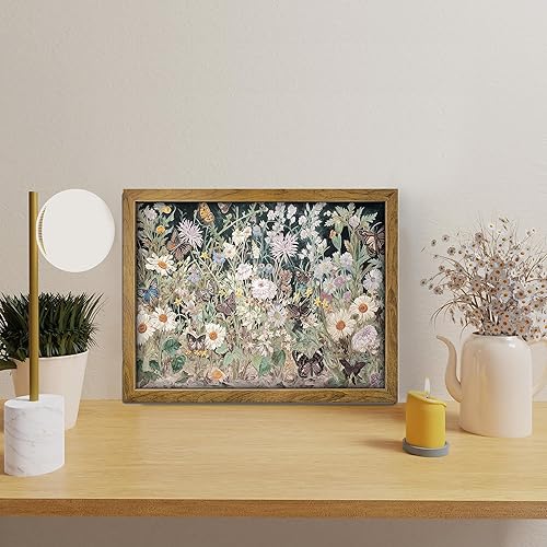 Miniatura 2 de BANMU Pintura de jardín de mariposas de flores silvestres - Arte de pared botánico oscuro de primavera, pintura floral tonificada con joyas para