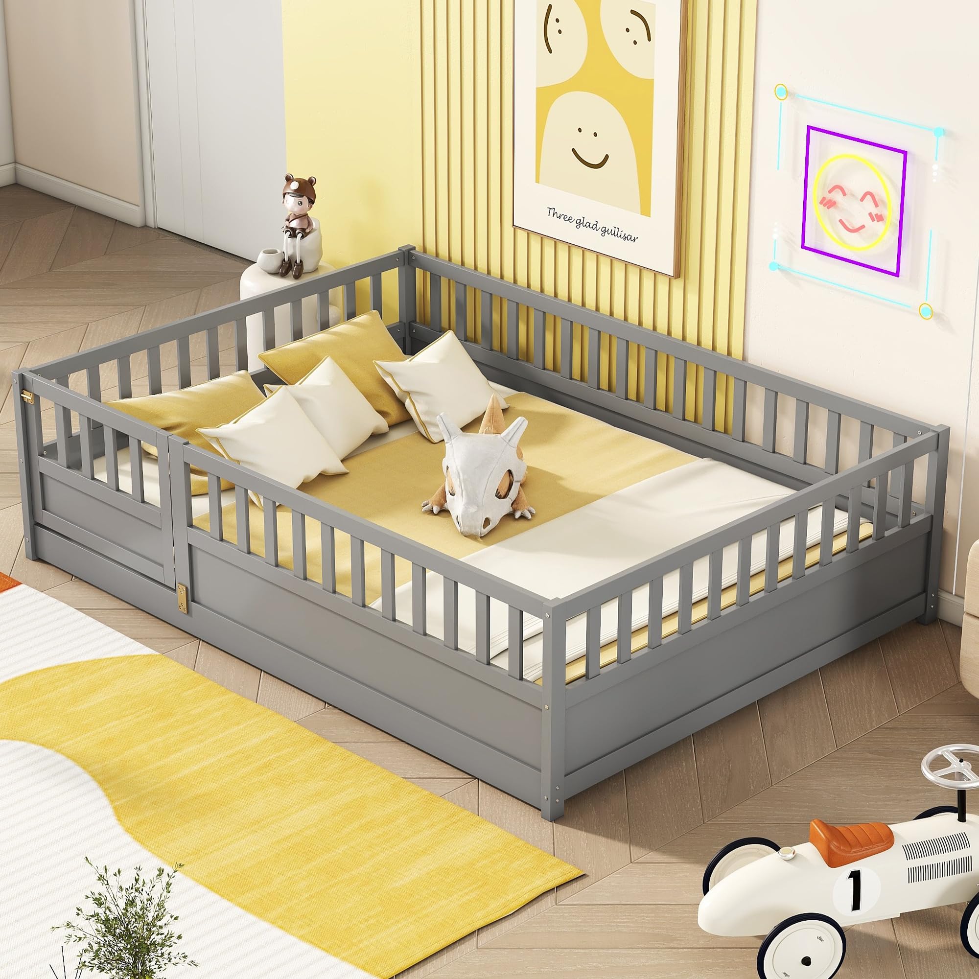 CITYLIGHT Full Floor Bed with High Rails, Wood Montessori Floor Bed with Door Design, Kids Full Bed Frame with Bed Slats for Boys Girls Children,Grey