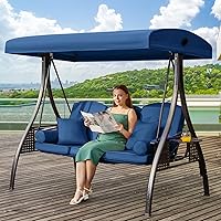 YALISSEY 3-in-1 Outdoor Porch Swing with Adjustable Canopy, 3-Seat Patio Chair, Thick Cushions, Pillows & Cup Holders (Blue)