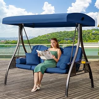 YALISSEY 3-in-1 Porch Swing with Adjustable Canopy, 3-Seat Outdoor Patio Swing, Thick Cushions, Pillows, Cup Holders - Blue