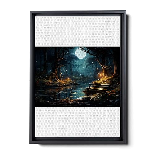 Snow covered park at midnight with a full moon, watercolor nature art, framed canvas print, framed wall art