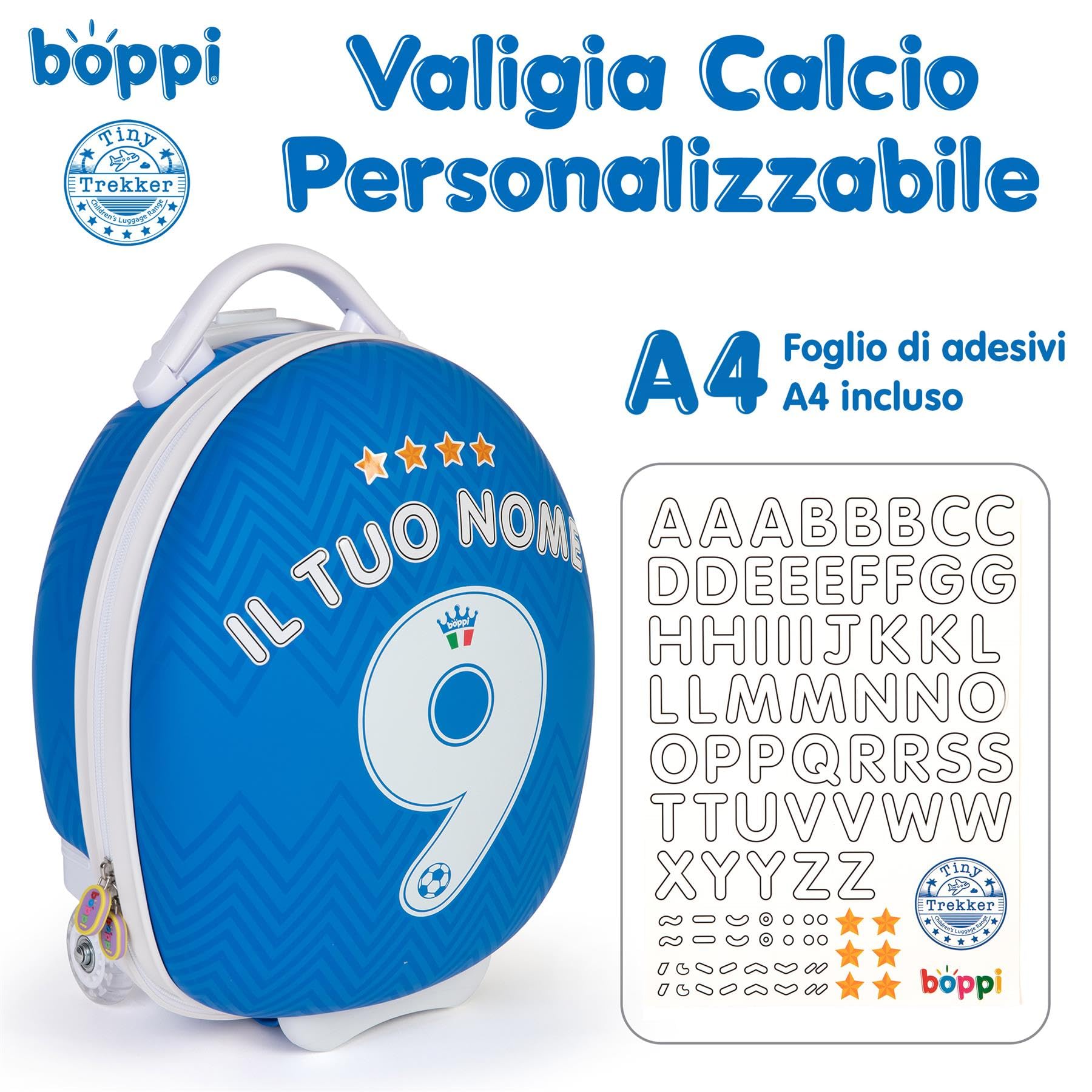 boppi Tiny Trekker Trolley Bagaglio a Mano per Bambini con Scritta Personalizzata - Valigia Bagaglio a Mano da Cabina con Ruote 17L - Calcio Italia Euro 2024