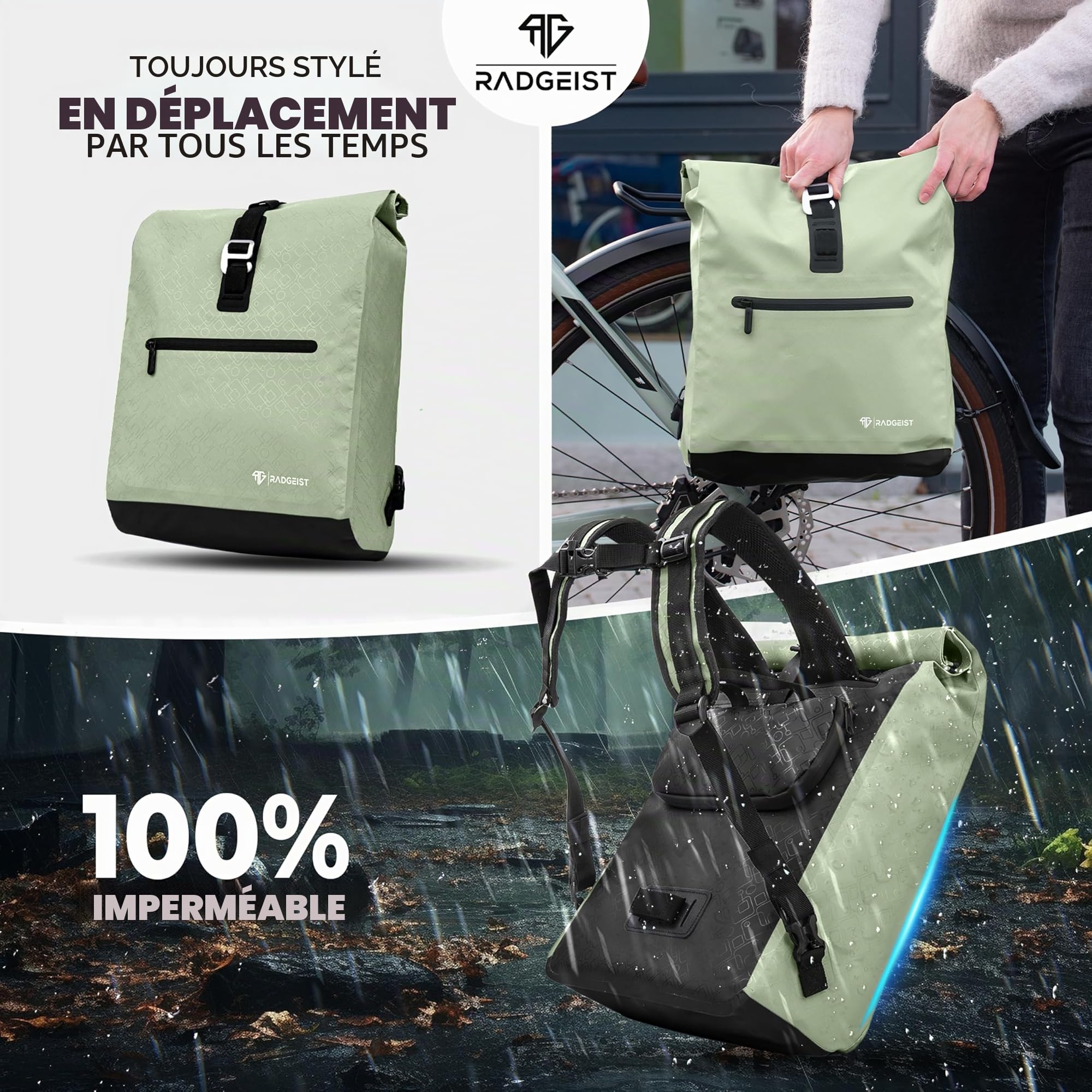 RADGEIST Sacoche de vélo pour porte-bagages I Sacoche pour porte-bagages & Sac à dos - Sac à dos pour vélo - Sac latéral pour vélo 100% étanche I Sacoche de vélo pour femmes & hommes 20L, menthe, 20 l
