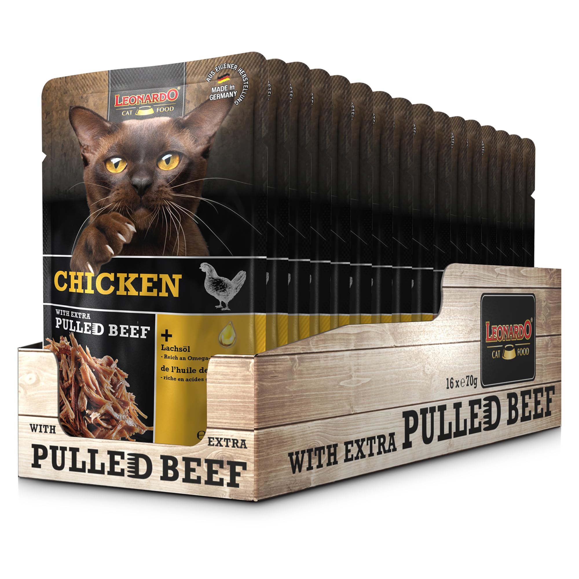 LEONARDO Frischebeutel [16x70g Chicken mit Fleischstreifen] Pulled Beef | Getreidefreies Nassfutter für Katzen | Alleinfuttermittel Katzenfutter