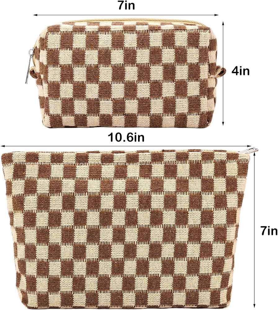 ZLFSRQ 2Pcs Checkered Makeup Bag for Women Large Small Checkered Cosmetic Bag Set Aesthetic Preppy Pencil Case Cute Pencil Pouch Brown Makeup Pouch for Purse Travel Toiletry Bags Zipper Skincare Bags