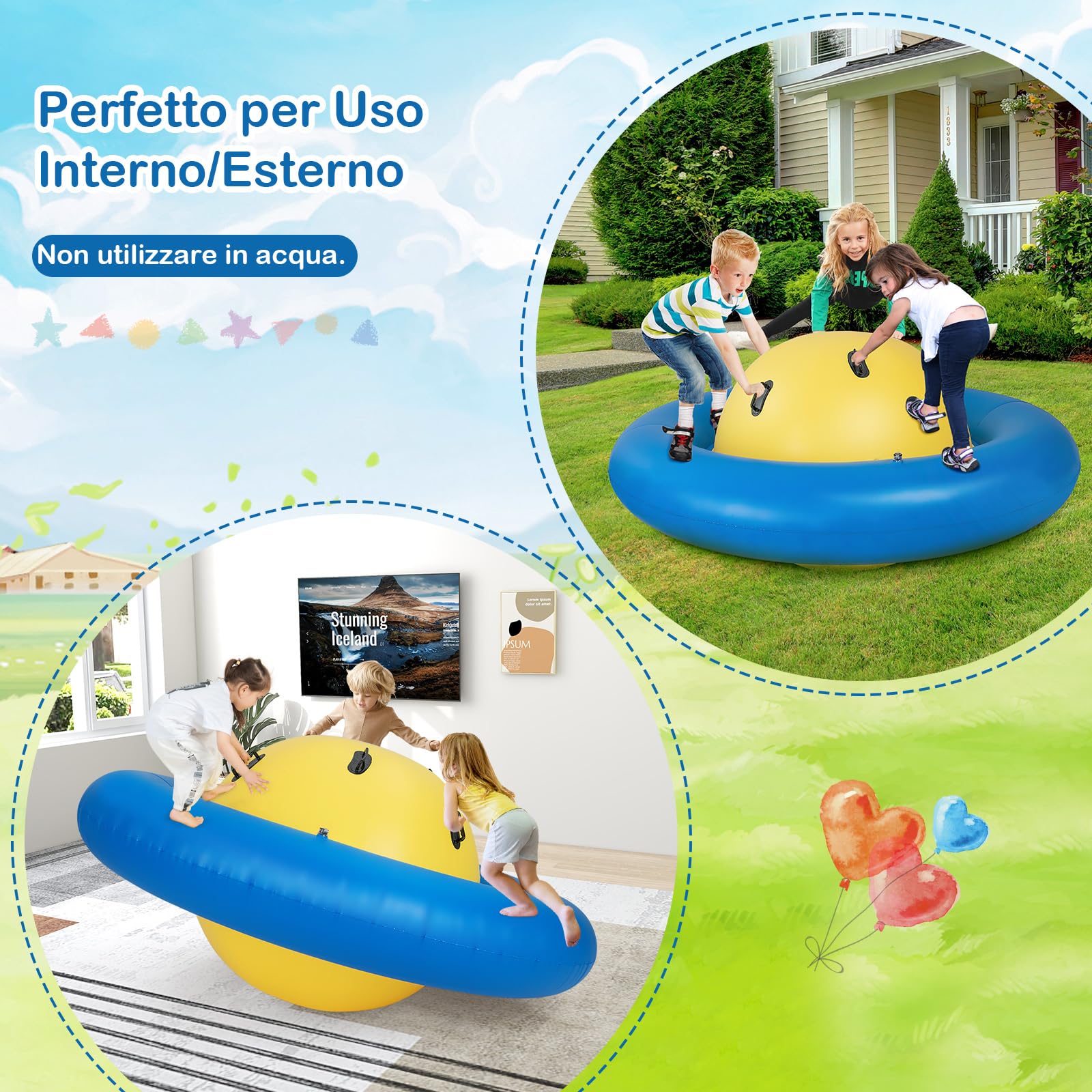 COSTWAY Giostra Gonfiabile a Pianeta per Bambini da 223CM per Inclinare, Arrampicarsi e Saltare con 6 Maniglie Incorporate, Giocattolo Spaziale per Esterno per Bambini dai 5 Anni+ (Giallo+Blu)