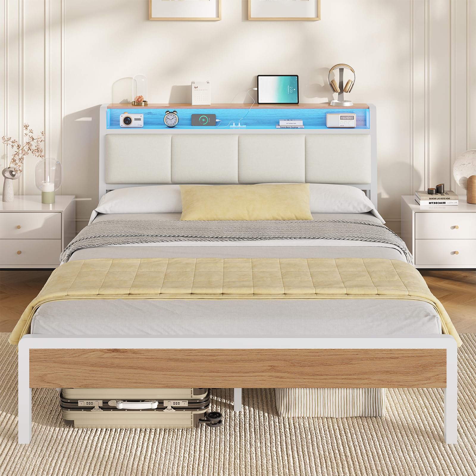 Double Bed Frame 135 x 190 cm with LED Light, Upholstered Headboard with Sockets, 4FT6 Upholstered Bed with Open Shelf, Metal Platform Support, Noise Free, No Box Spring Required, Easy Assembly, White