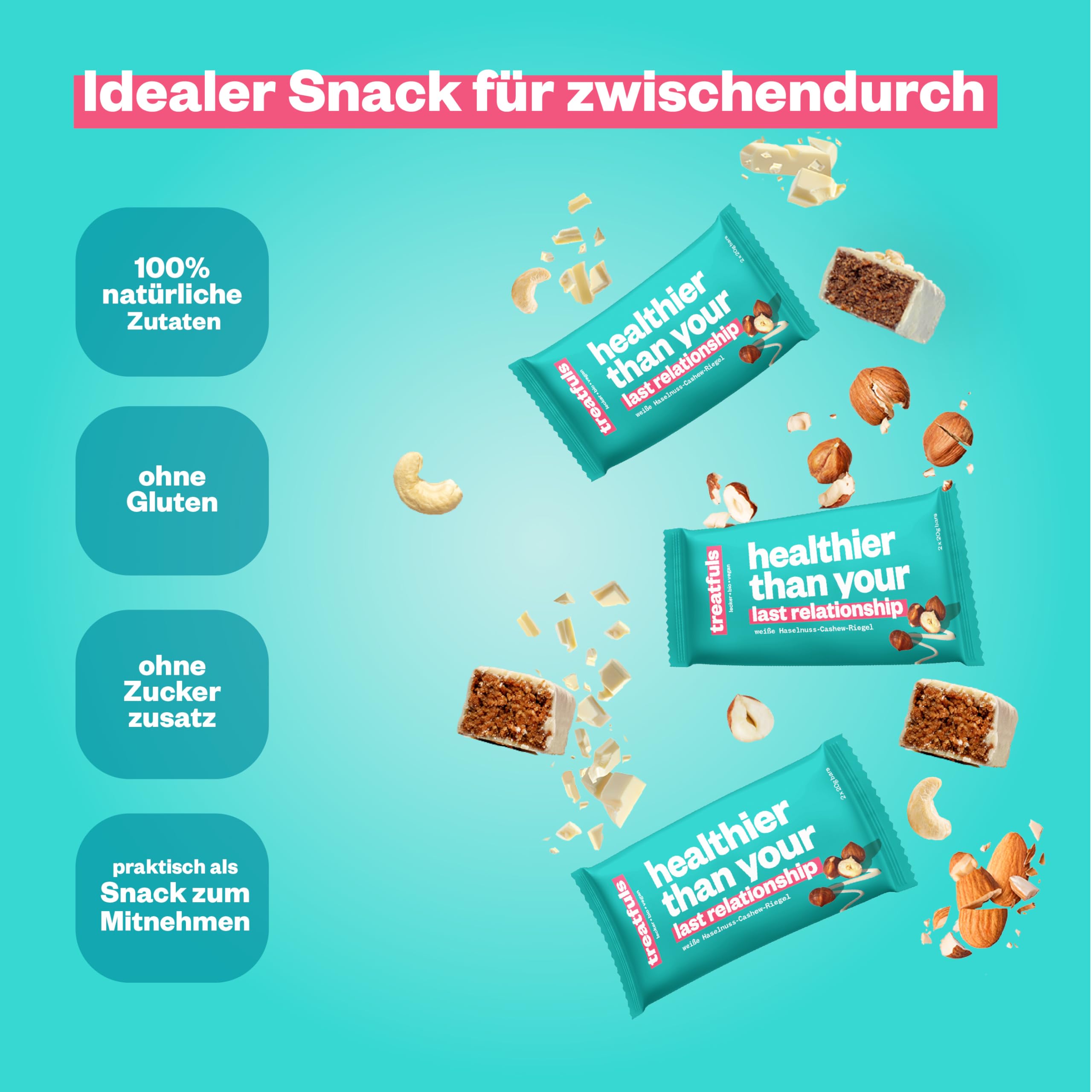 treatfuls weiße Bio-Haselnuss-Cashew Riegel 20x40g | Datteln und Haselnüsse | vegan | 100% natürliche Zutaten | glutenfrei | laktosefrei | ohne Soja