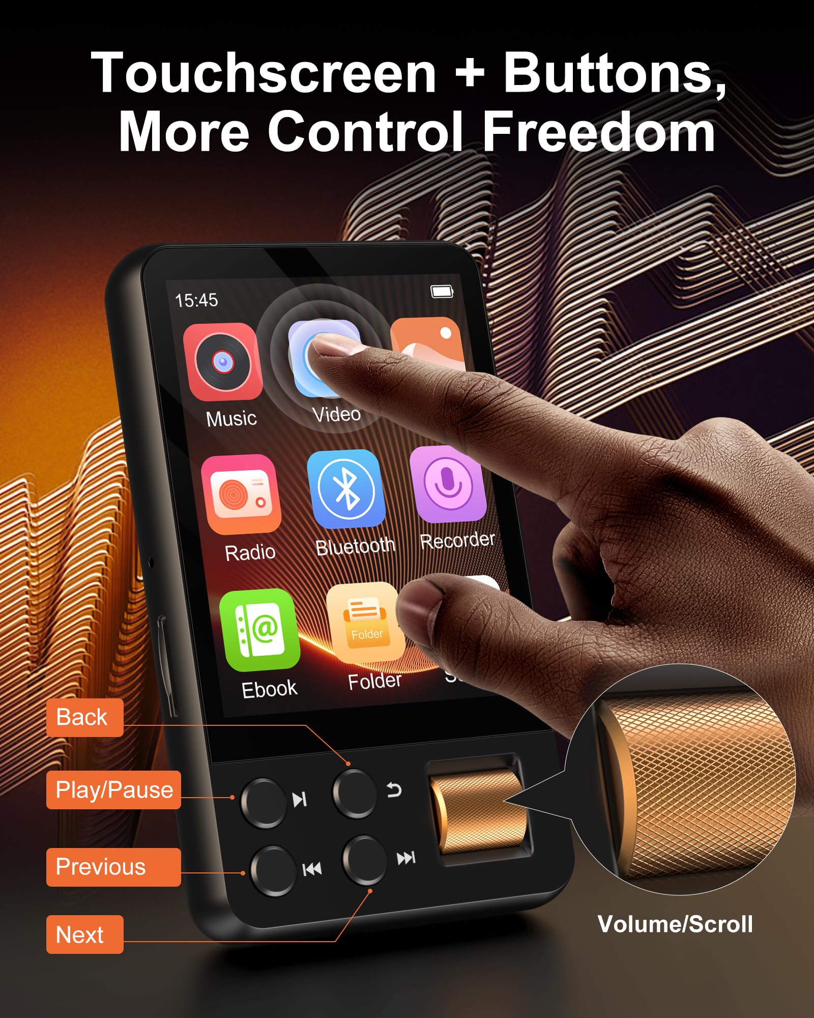 64GB MP3 Player Bluetooth 5.4 mit Kopfhörer, MP3 Player Kinder mit 2.4 Zoll Touchscreen, Musikplayer Audible mit Musikwiedergabe, Sprachrekorder, HiFi-Sound
