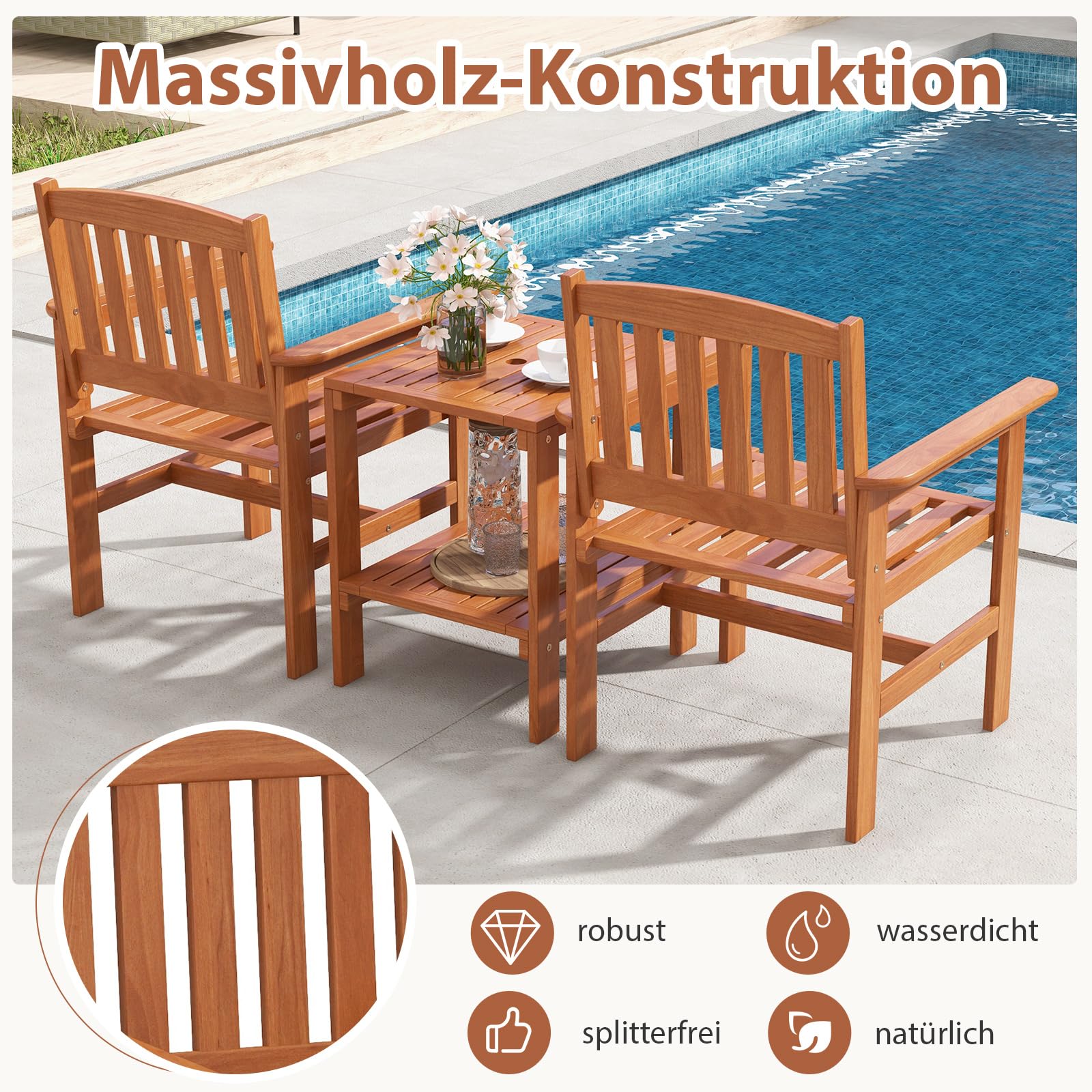 COSTWAY Gartenbank mit Beistelltisch & Schirmloch, 2-Sitzer Akazienholz Sitzbank Konversationsset, Terrassenbank Gartenmöbel Set für Balkon, Garten, Terrasse (vertikal)
