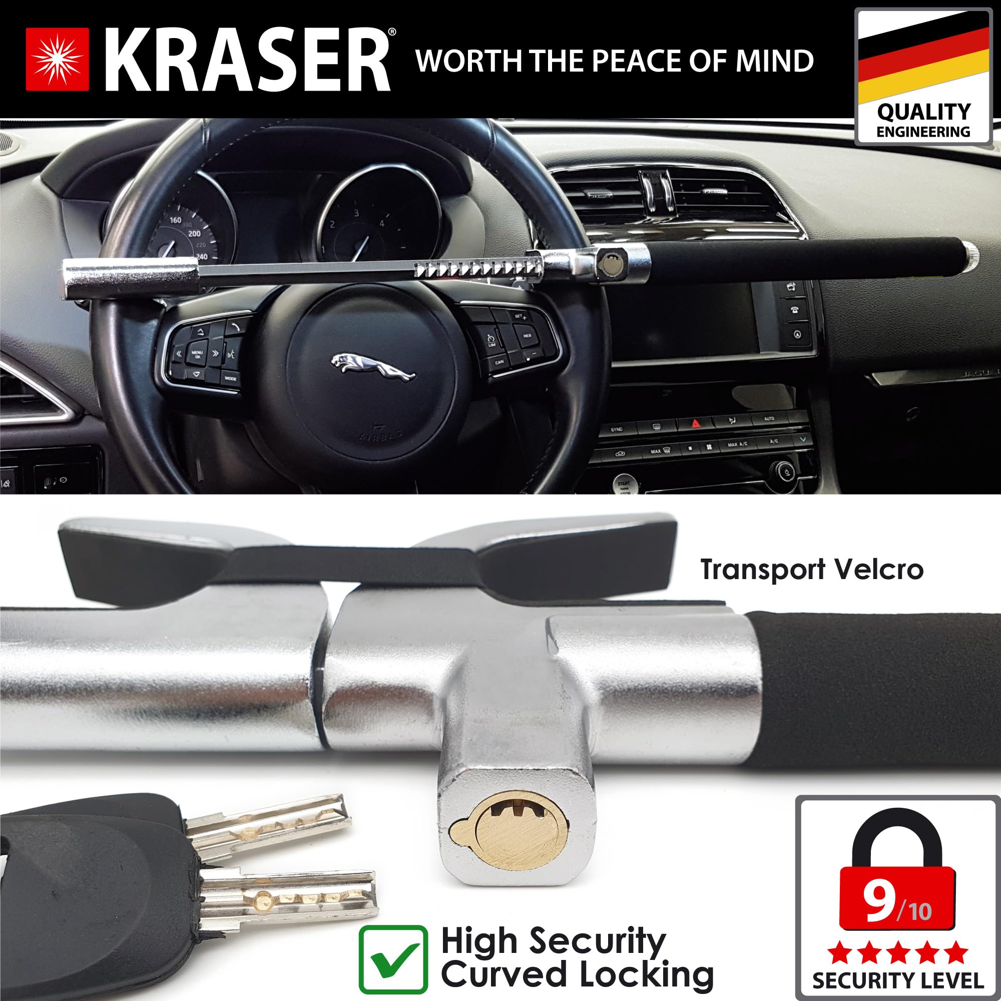 KRASER Steering Wheel Lock With Alarm - 120db Anti-Theft Device, Universal Fit For Cars & Trucks