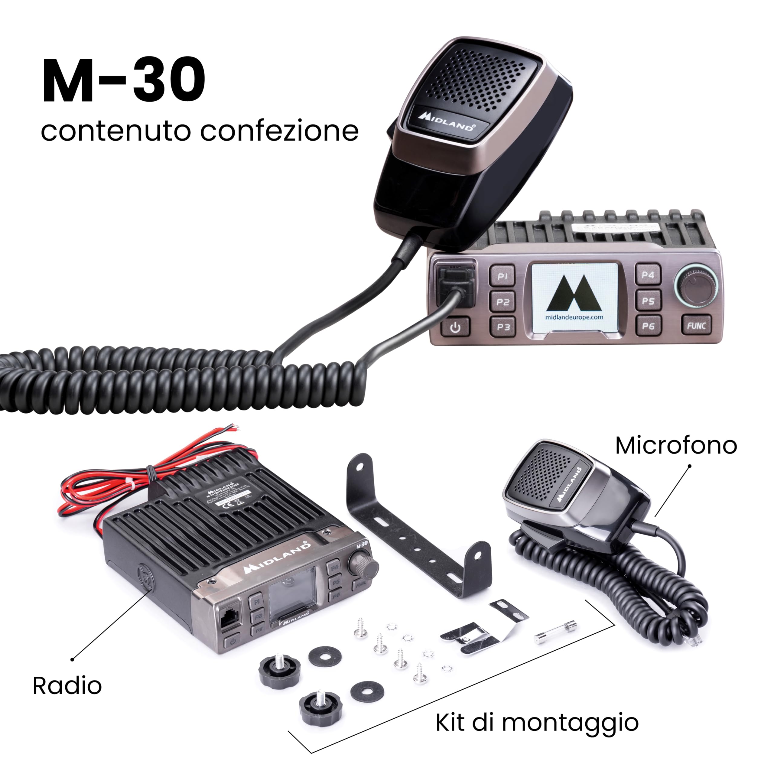 Midland - Radio CB Ricetrasmittente Portatile Senza Licenza M-30, Ricetrasmittenti Professionali Multibanda AM/FM Compatibile 12V/24V, Display TFT a Colori, Squelch Digitale, Noise Blanker, Dual Watch