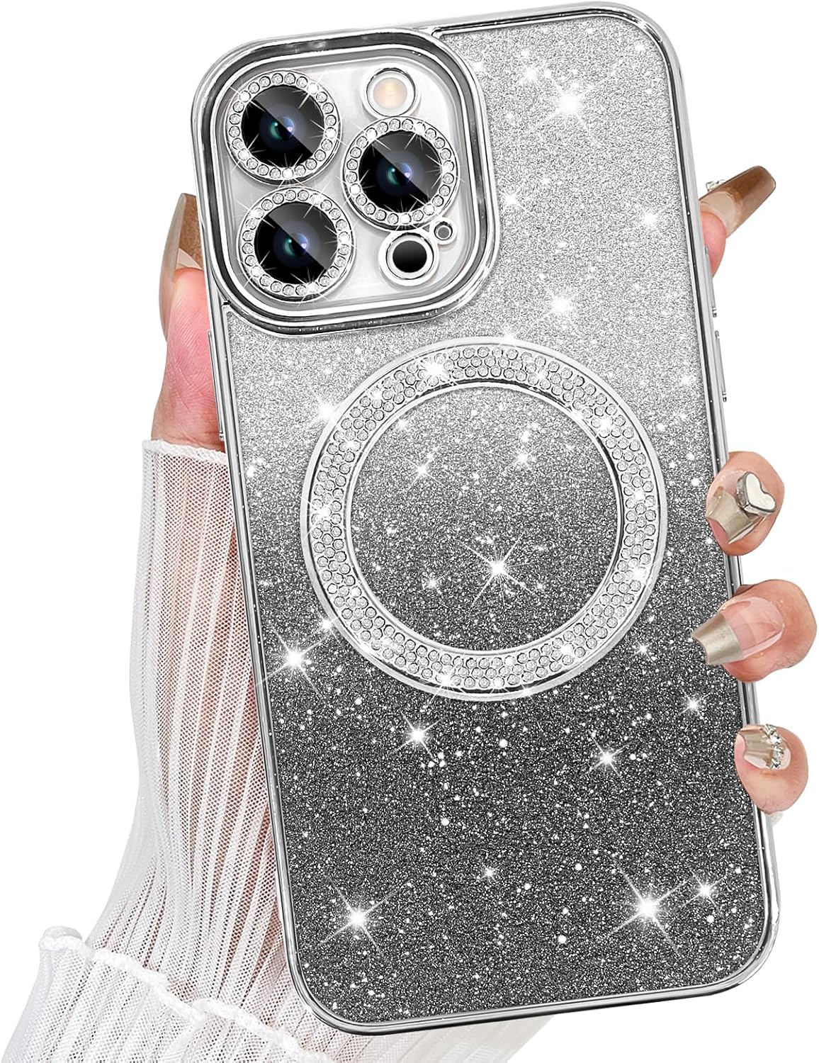 TEAUGHT Bling Magnetic Case for iPhone 16 Pro [Compatible with Magsafe], Cute Glitter Diamond Rhinestone Luxury Plating with Camera Protection, Slim Shockproof Cover for Women Girls, Silver Silver iPhone 16 Pro