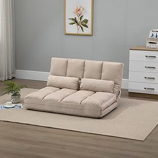 HOMCOM Convertible Floor Sofa Chair, Folding Couch Bed, Guest Chaise Lounge with 2 Pillows, Adjustable Backrest and Headrest, 40.25" L, Beige